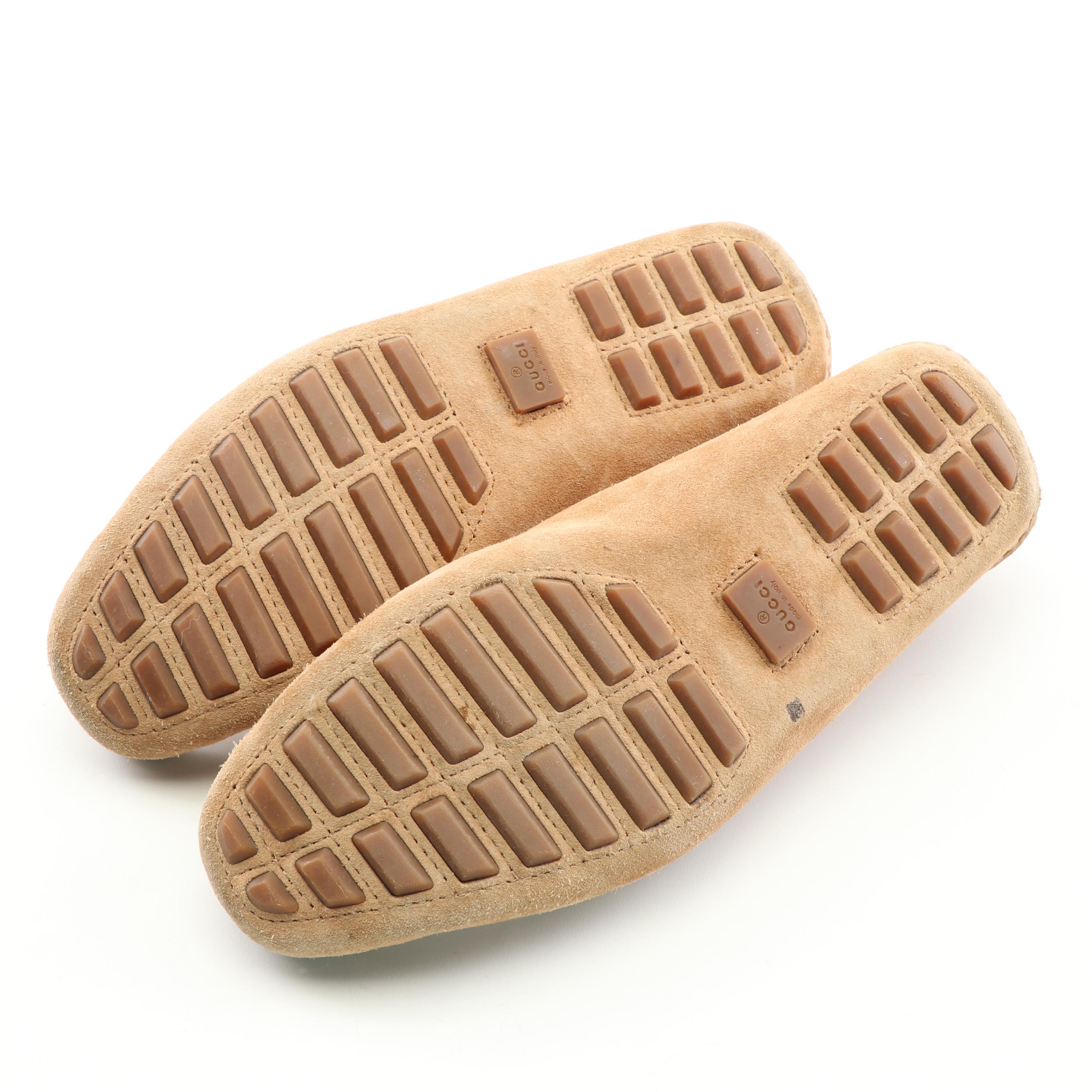 Prada Black Patent Leather and Gucci Tan Suede Bamboo Bit Loafers