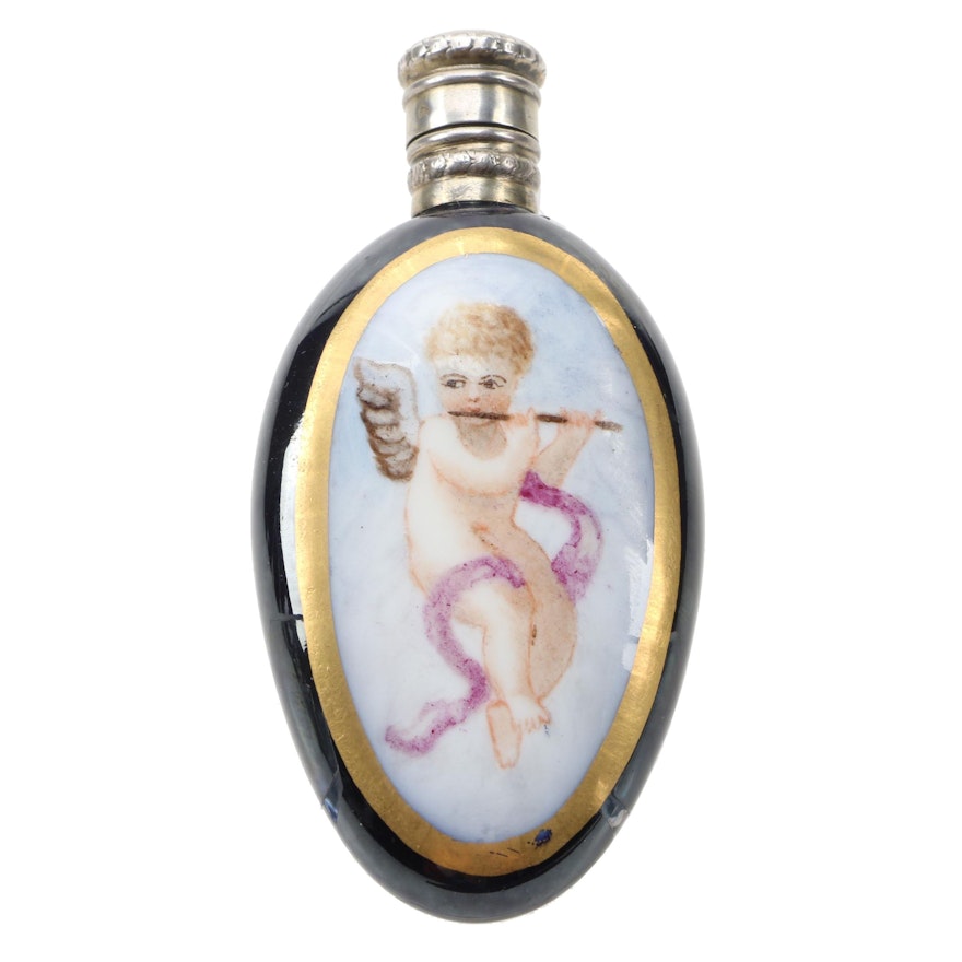 Gilded Cobalt Porcelain Scent Bottle with Cherub, Early/Mid 20th Century