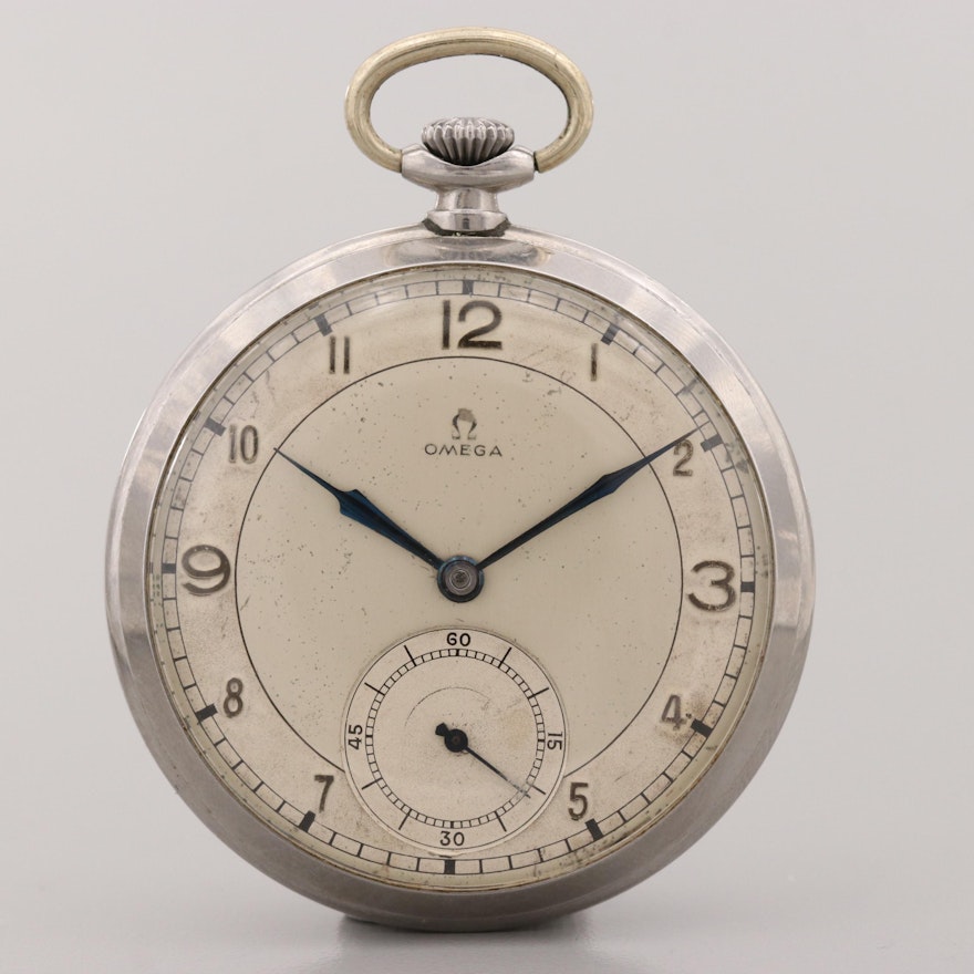 Vintage Omega Stainless Steel Open Face Pocket Watch