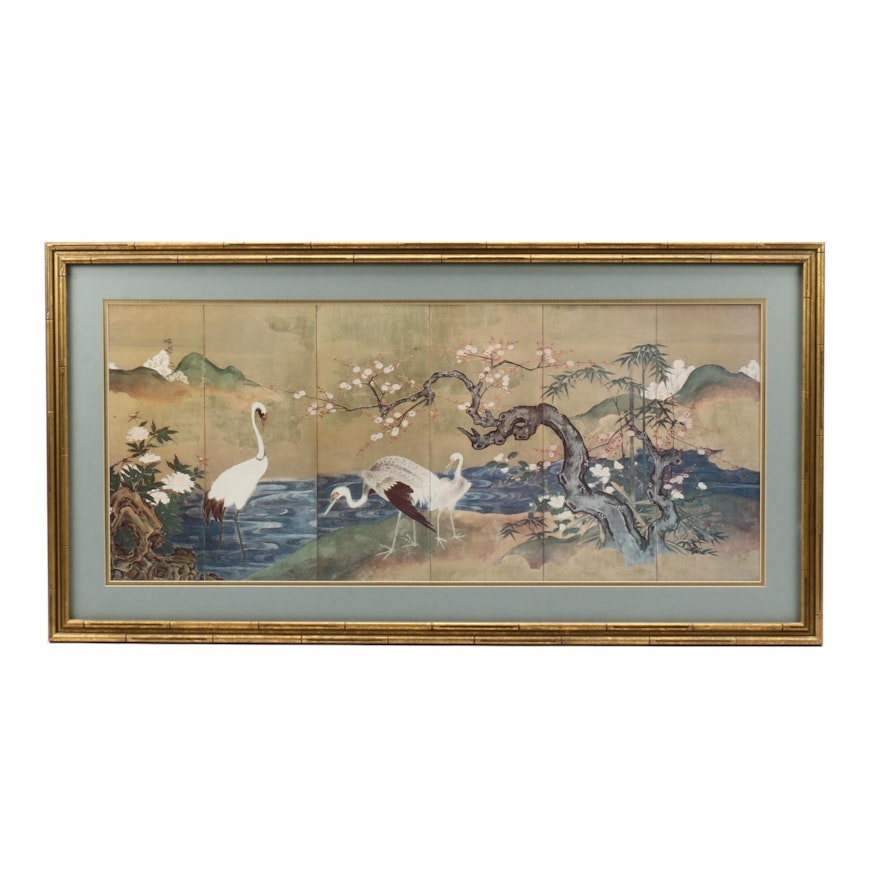Offset Lithograph after East Asian Scroll Painting featuring Cranes