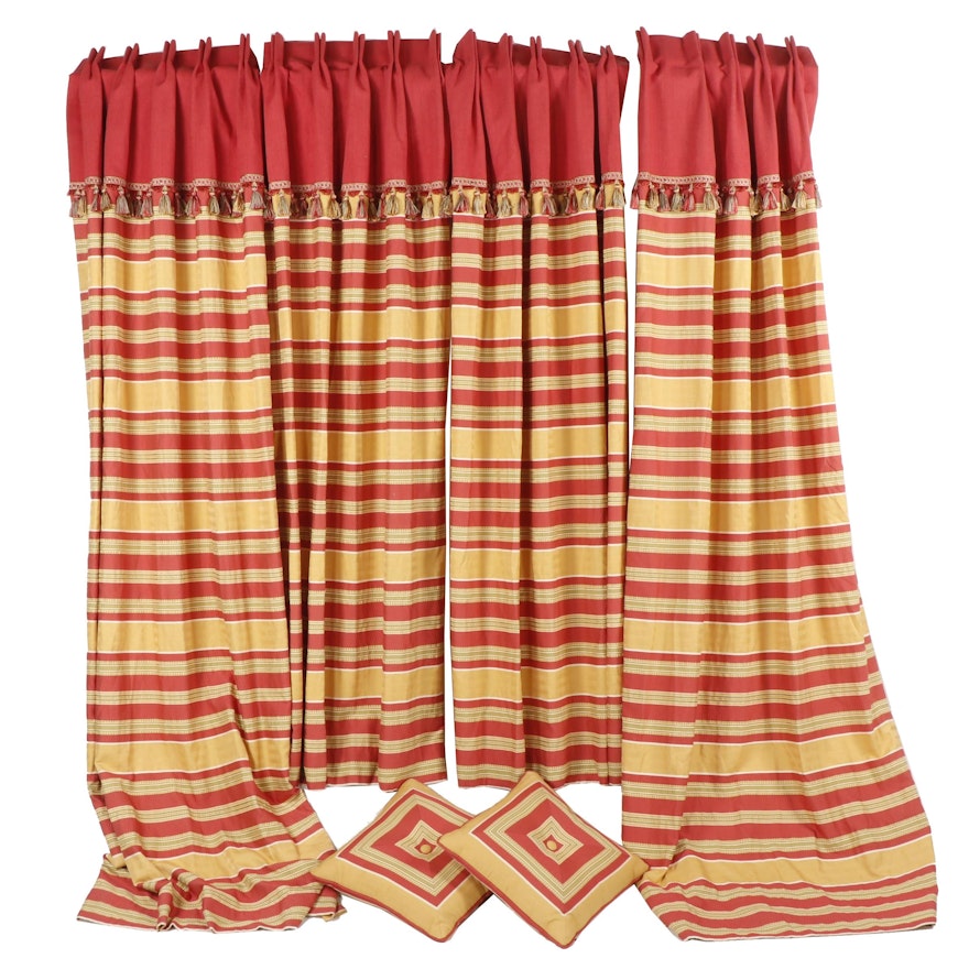 Silk Blend Striped Drapes with Matching Throw Pillows