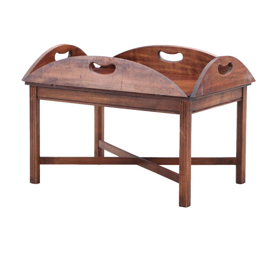 Colonial Walnut and Mahogany Parquetry Tray Table, Late 20th Century