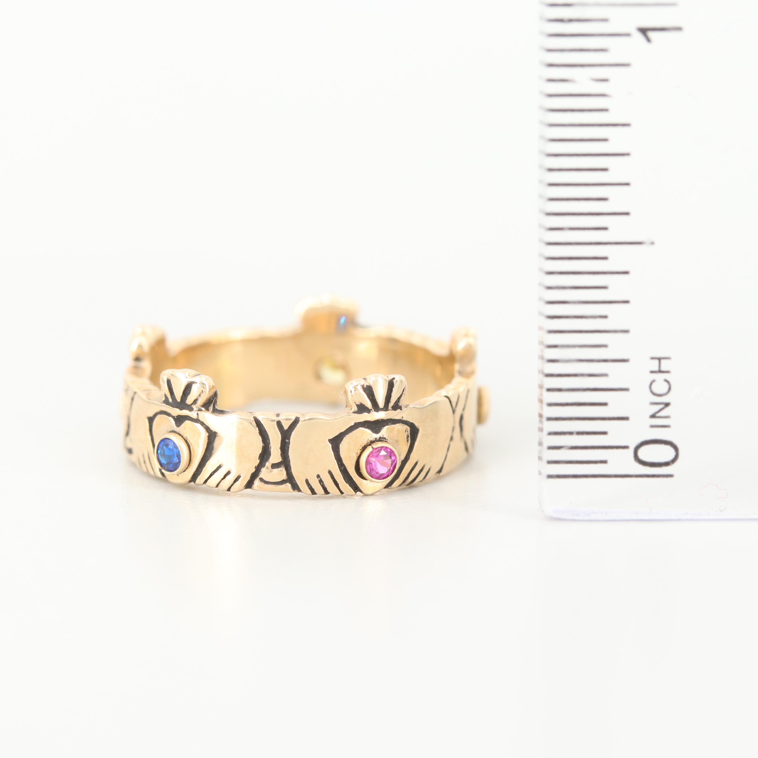 10K Yellow Gold Multi-Color Imitation Gemstones Claddagh Band