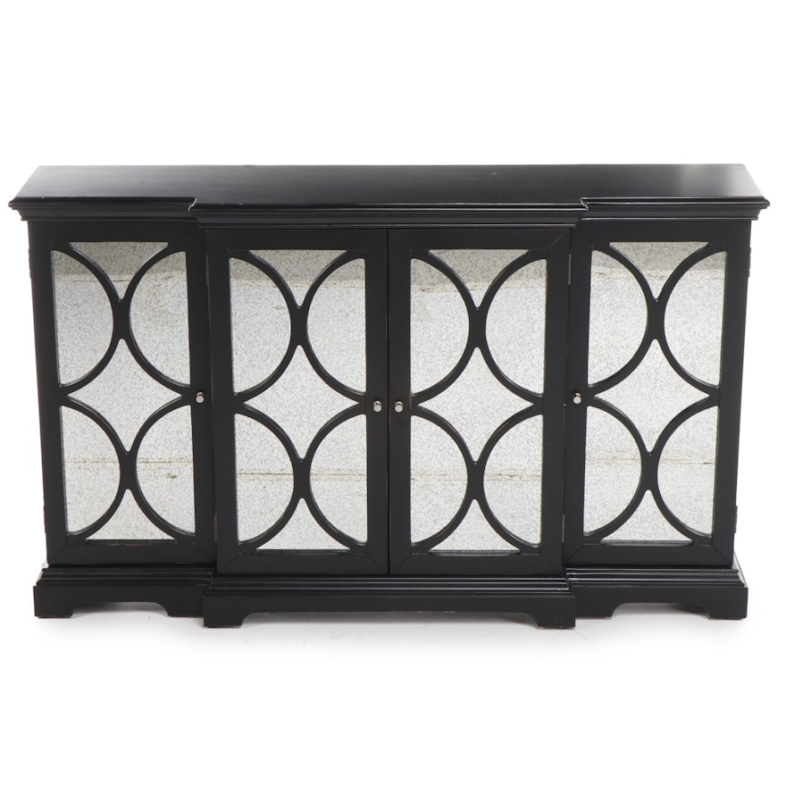 Home Meridian Black Cabinet with Mirrored Doors and Decorative Wooden Grilles