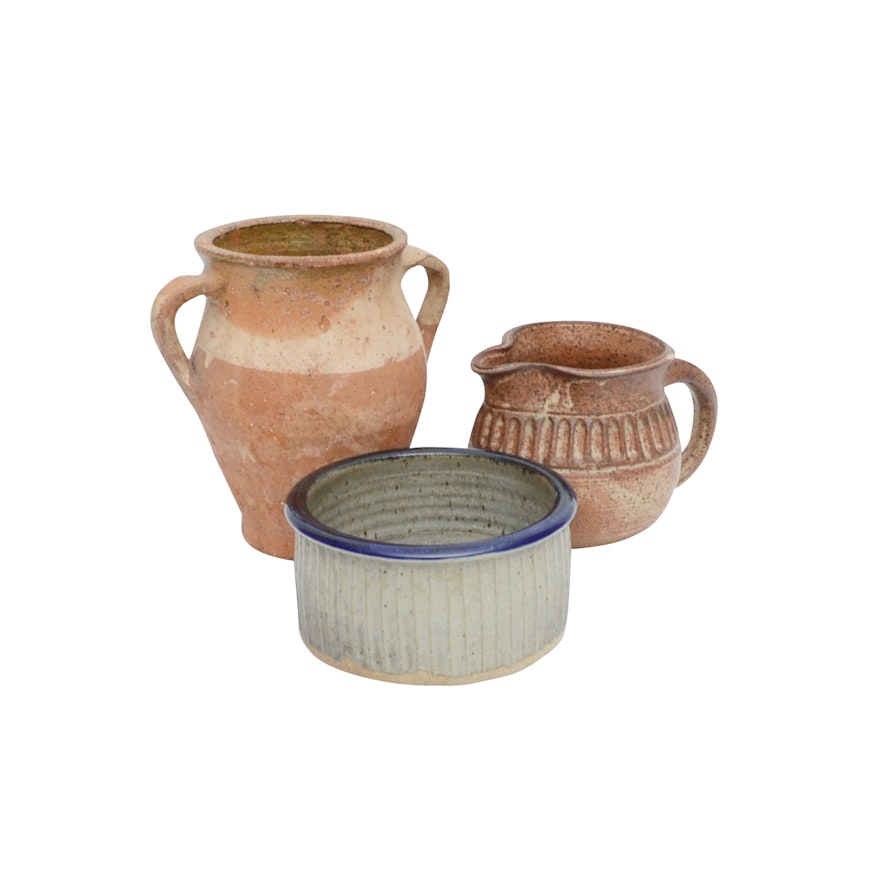 Terracotta Confit Style Urn with Stoneware Bowl and Pitcher
