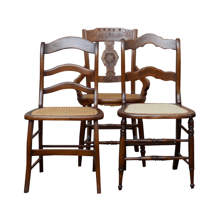 Three Wooden Side Chairs with Cane Seating