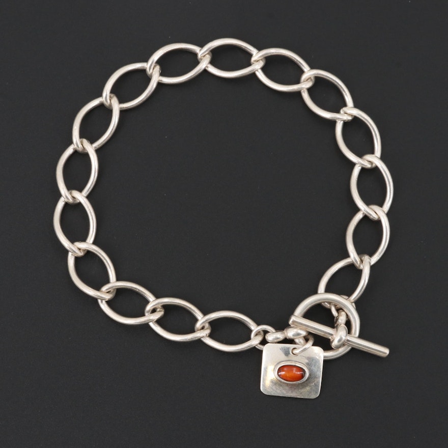 Mexican Sterling Silver Chain Bracelet with Amber Charm