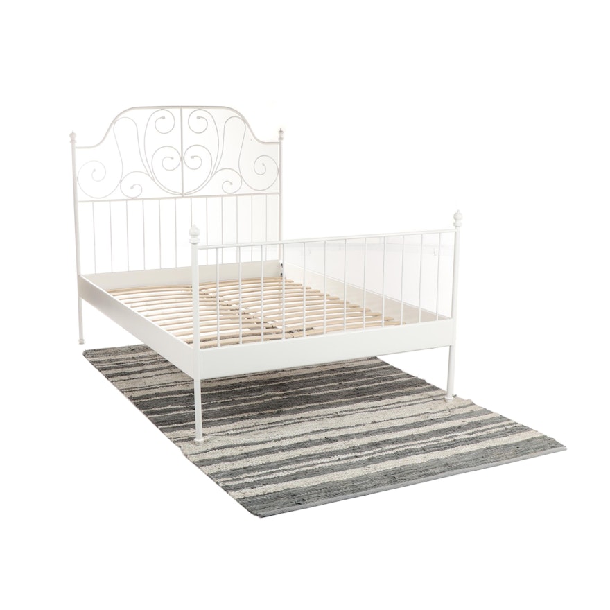 IKEA "Leirvik" White Metal Bed Frame with Gray Leather Rag Rug