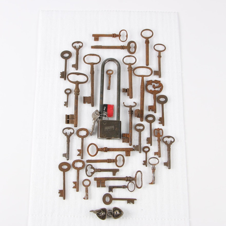 Reese Brass Craft Lock and Assorted Skeleton Keys