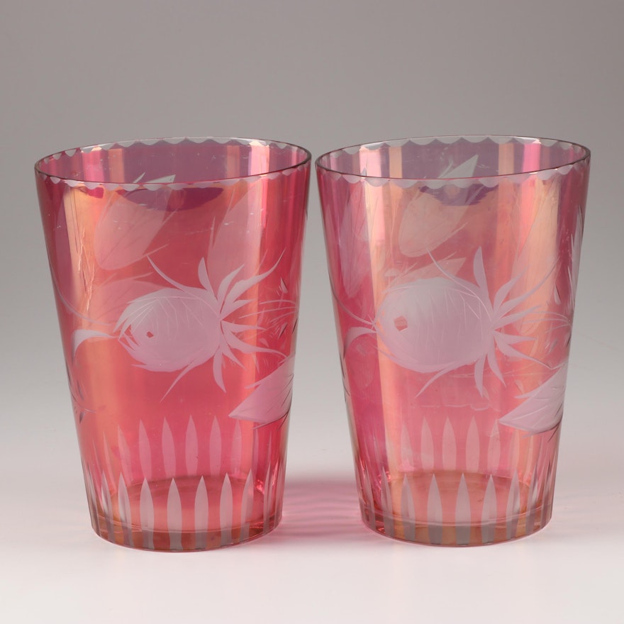 Cranberry Flashed Floral Cut Vases