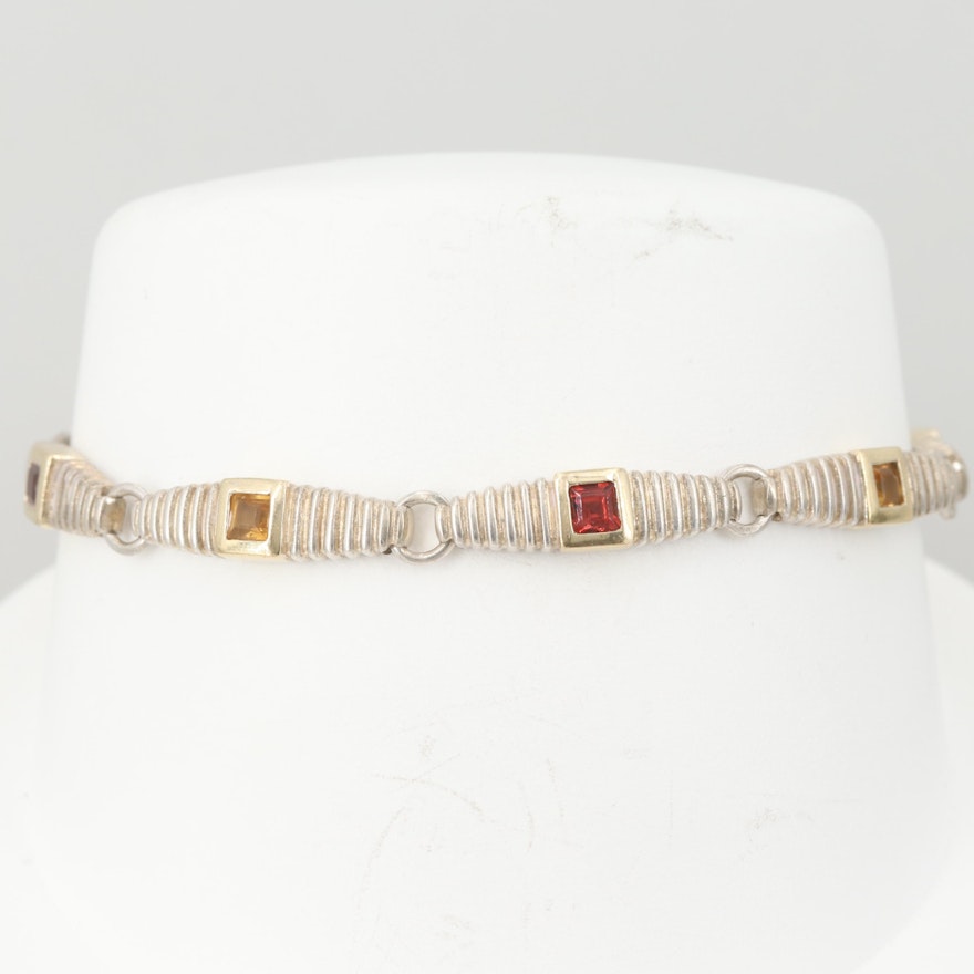 Sterling Silver Citrine and Garnet Link Bracelet