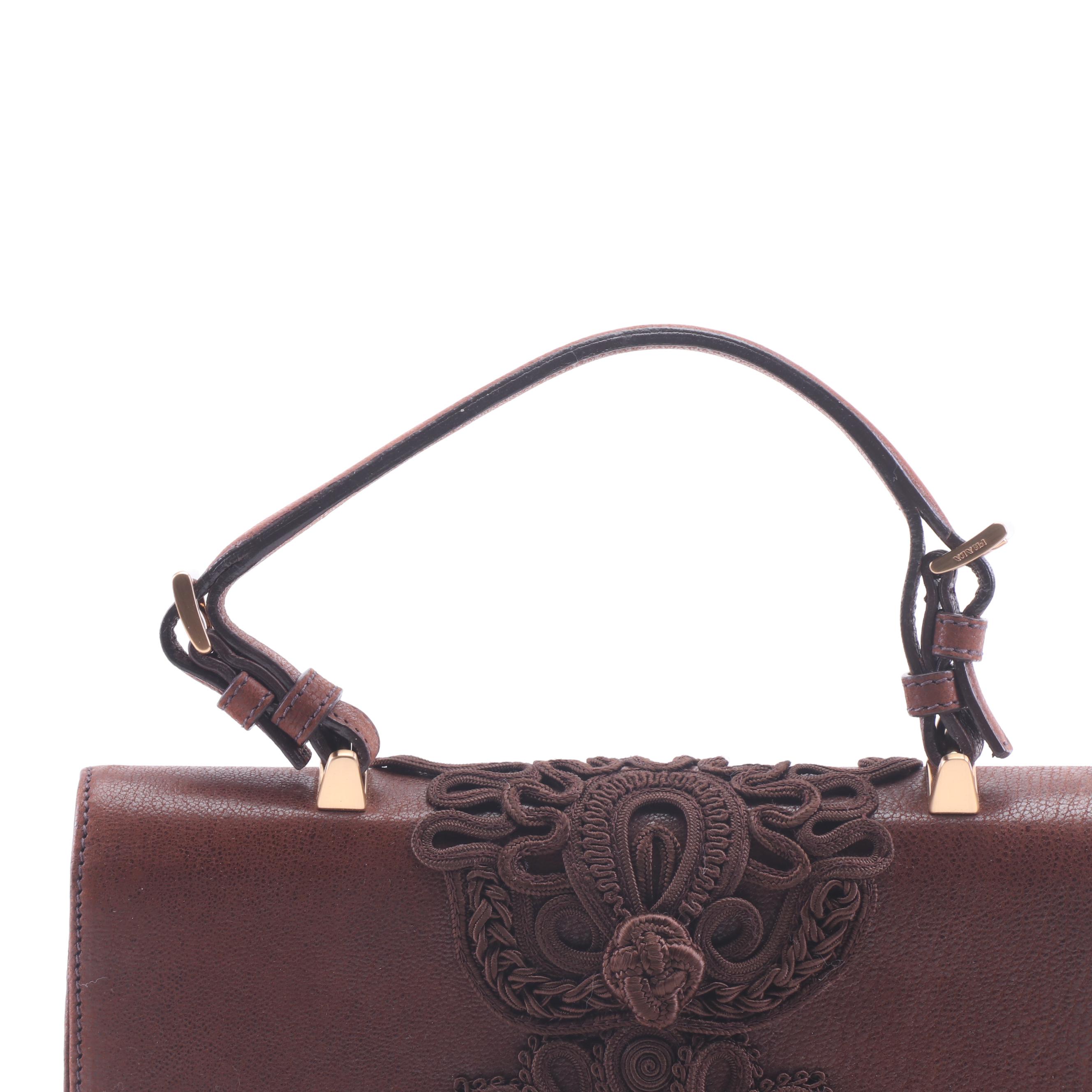 Prada Brown Leather and Soutache Top Handle Purse with Fabric Covered Turnlock