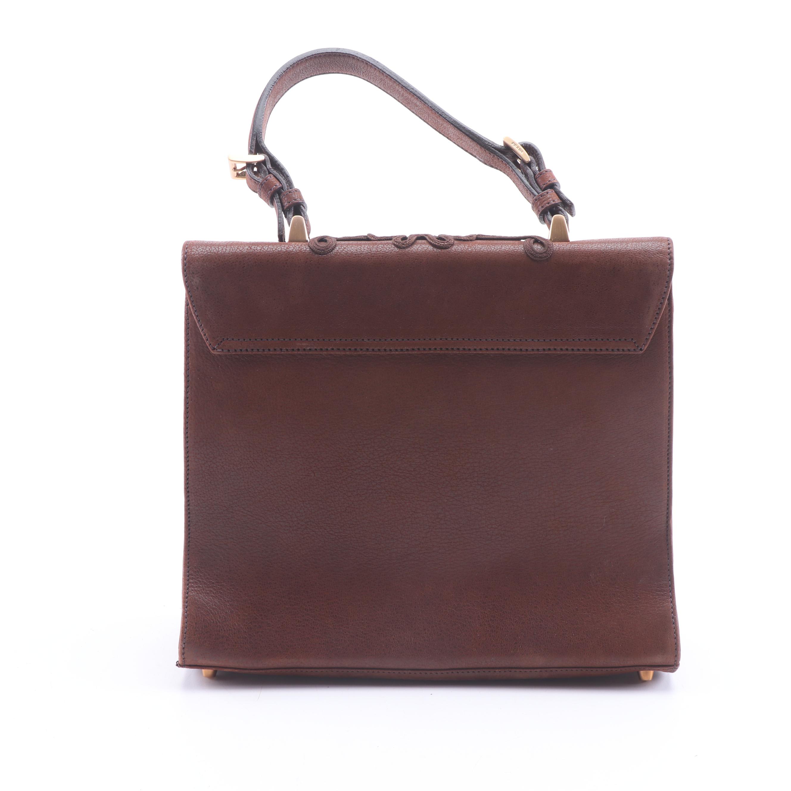 Prada Brown Leather and Soutache Top Handle Purse with Fabric Covered Turnlock
