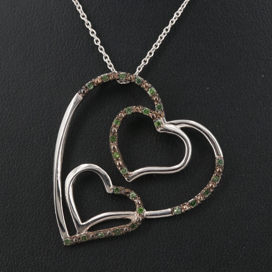 Sterling Silver Diamond Three Heart Pendant Necklace