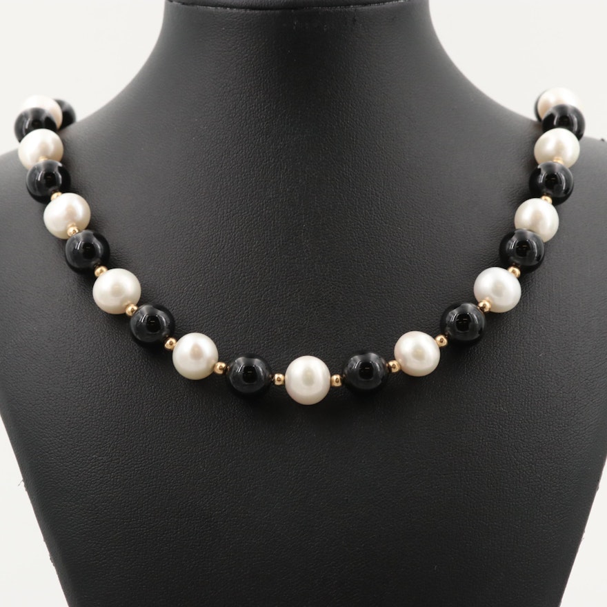 14K Yellow Gold Cultured Pearl and Black Onyx Necklace