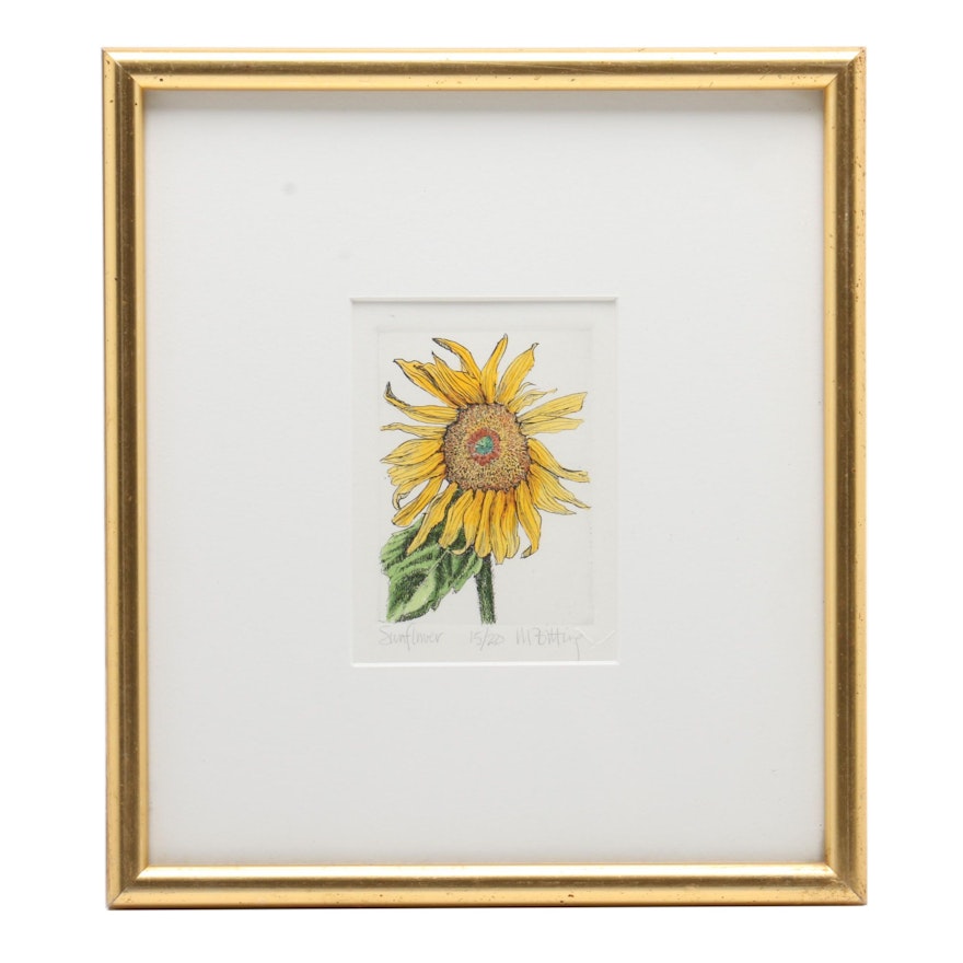 Melinda Johns Bitting Hand-Colored Etching "Sunflower"