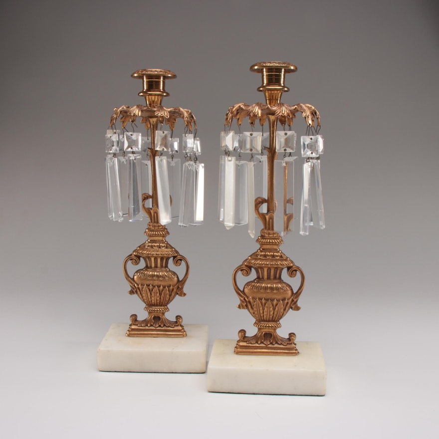 Pair of Neoclassical Gilt Metal and Marble Candlesticks with Cut Glass Lusters