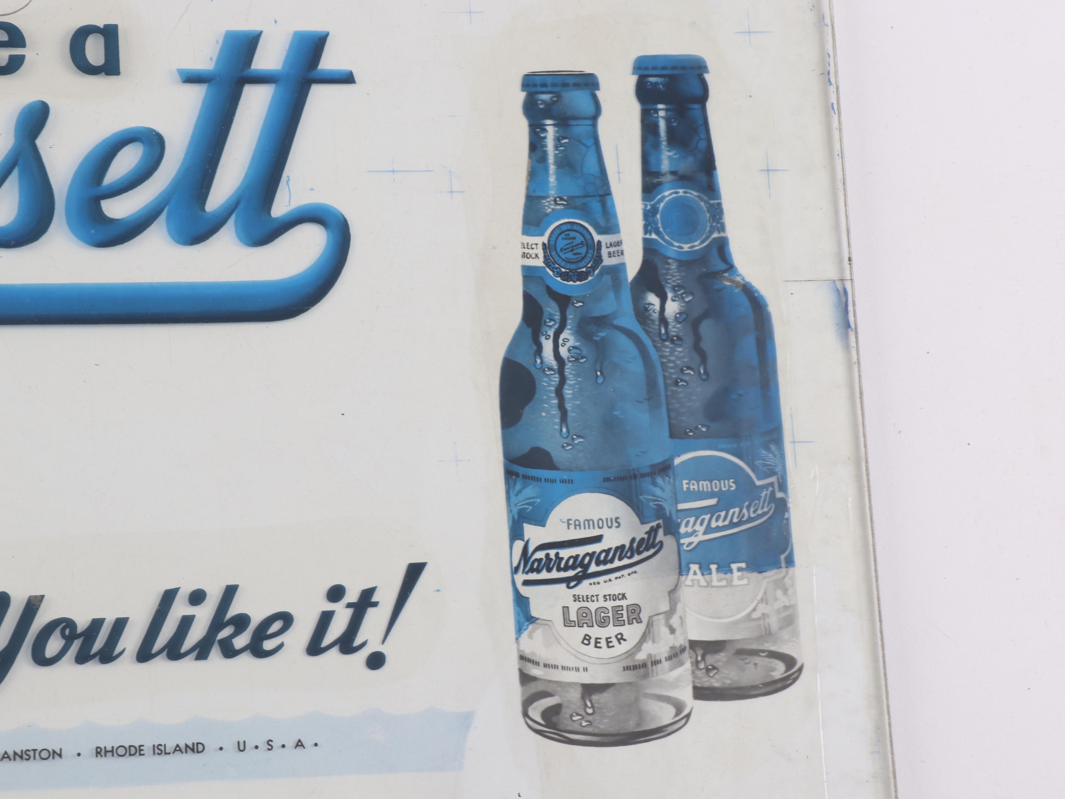 Narragansett Beer Advertising Glass Pane for Photo Reproduction, 1940s-1950s