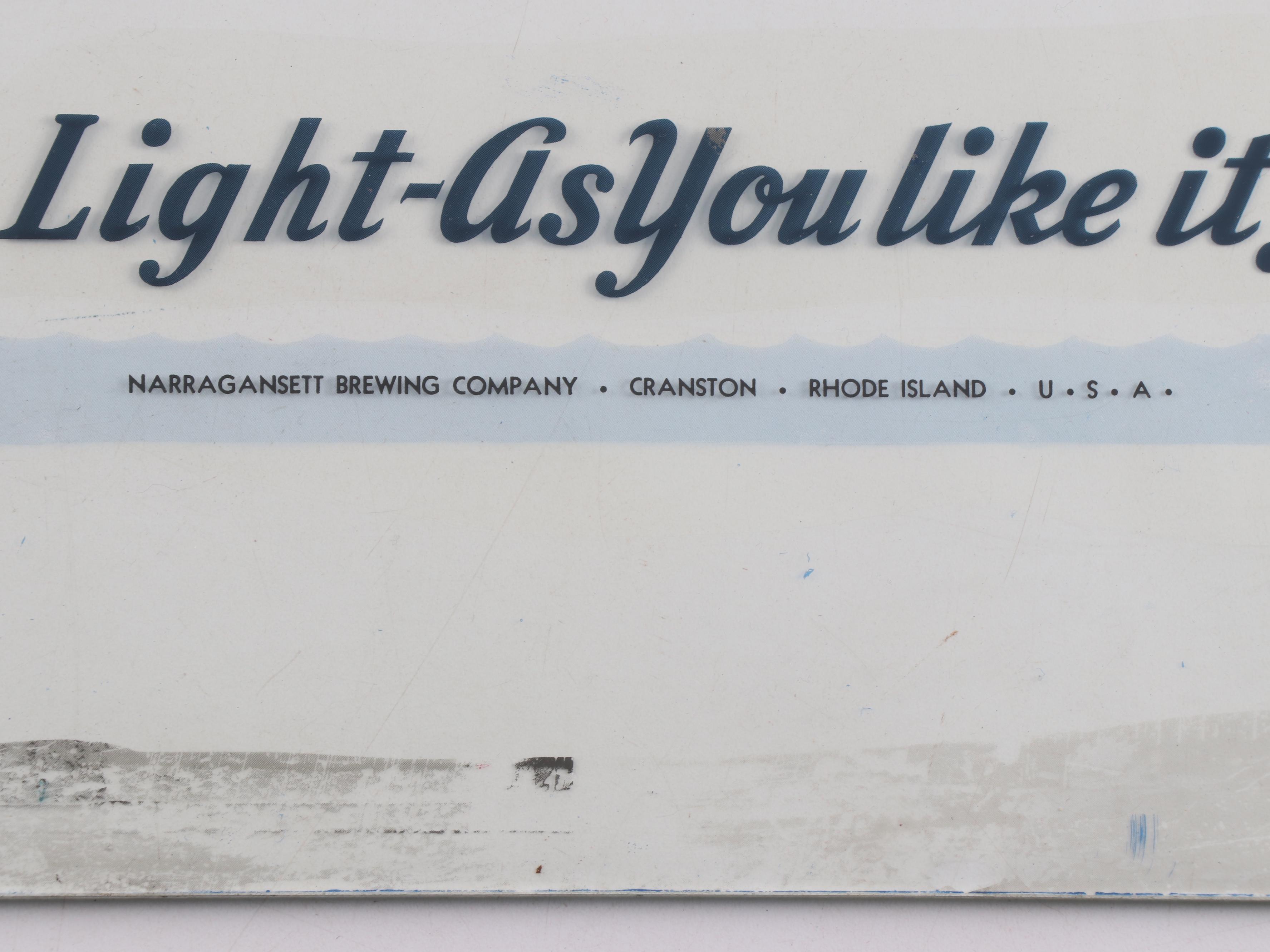 Narragansett Beer Advertising Glass Pane for Photo Reproduction, 1940s-1950s