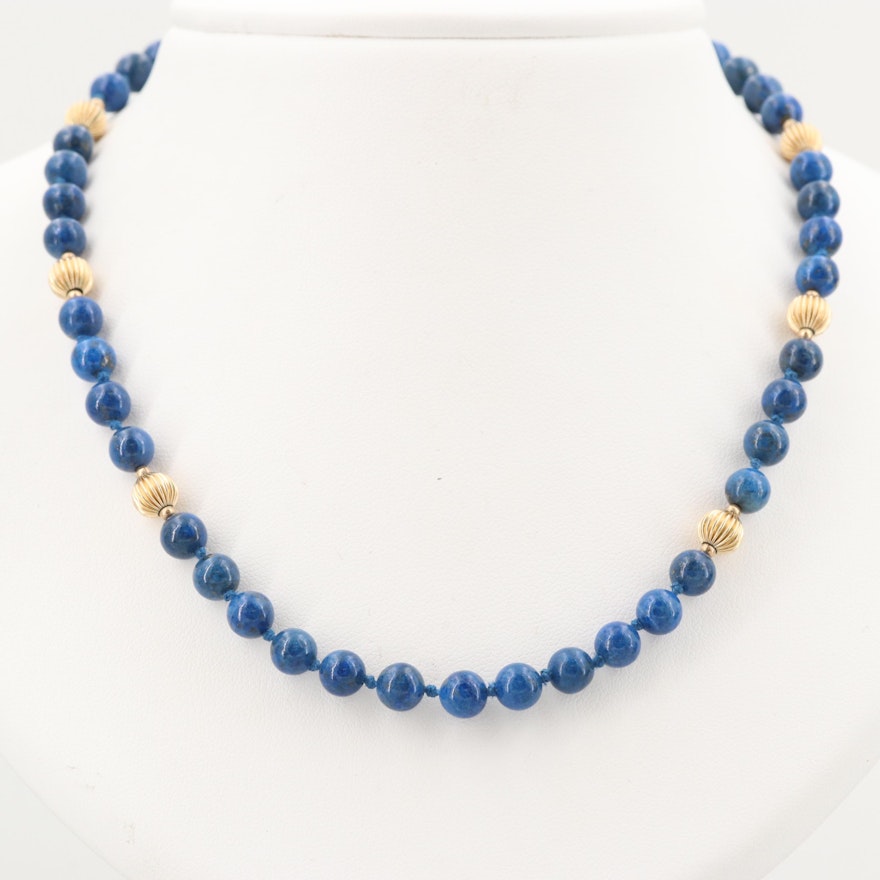 Lapis Lazuli Beaded Necklace with Gold Tone Station Beads