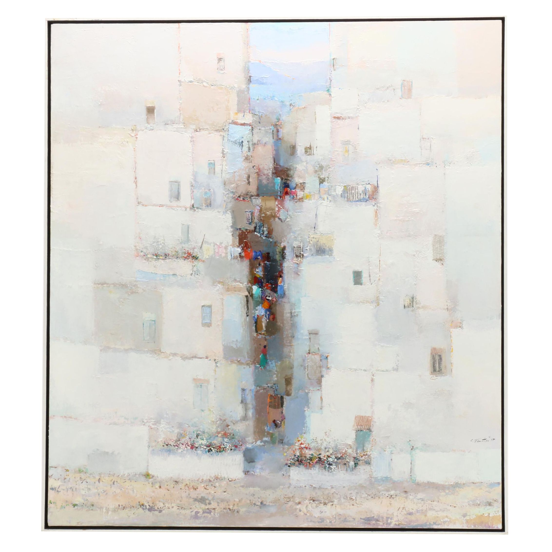 Oswaldo Ventura Abstract Oil Painting of Village Scene "XI"