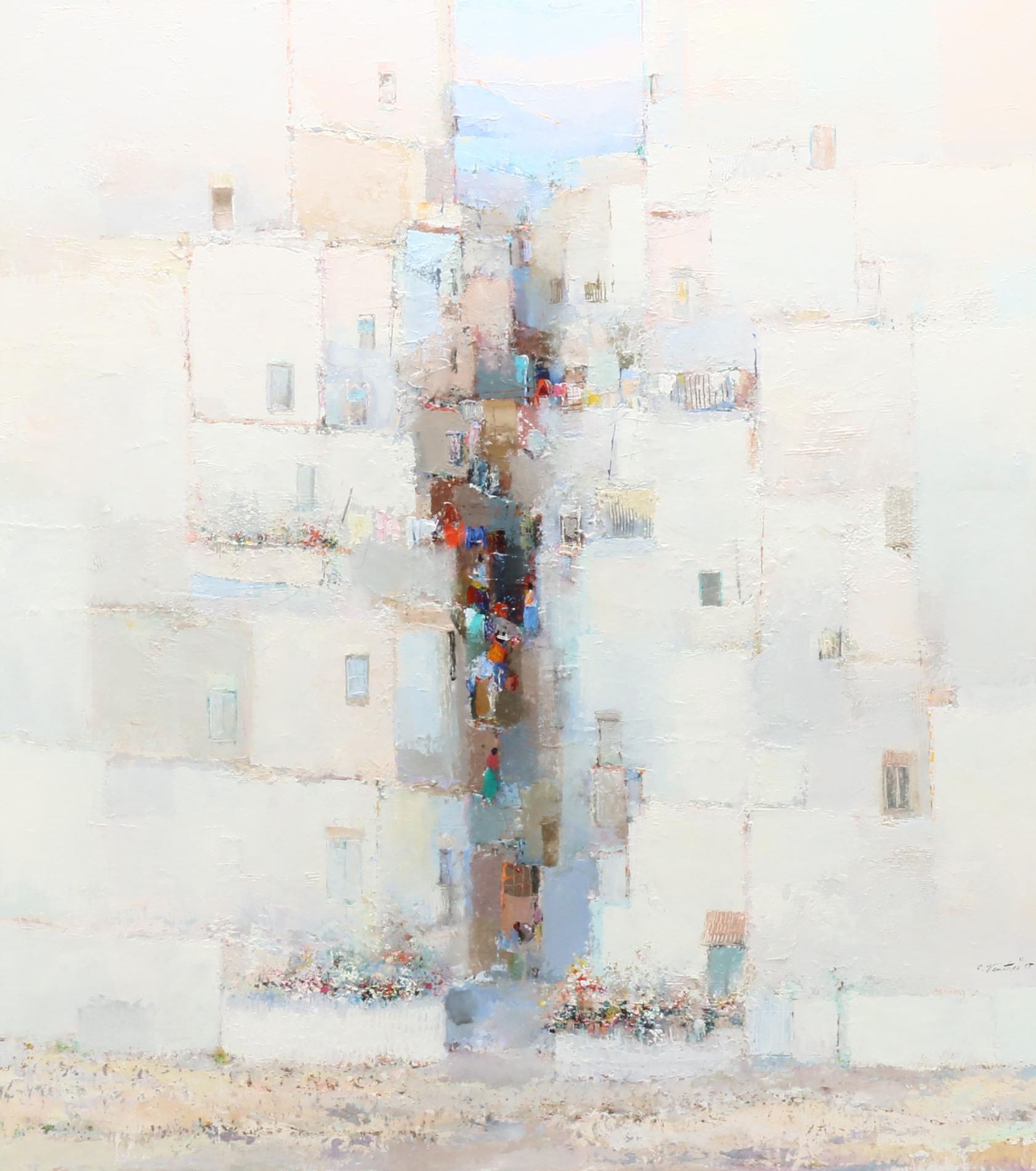 Oswaldo Ventura Abstract Oil Painting of Village Scene "XI"