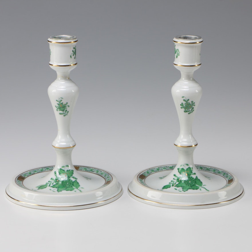 Herend "Chinese Bouquet" Porcelain Candlesticks, 1915–1930