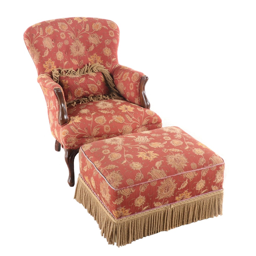 Rococo Style Parlor Chair with Ottoman, Mid-Century