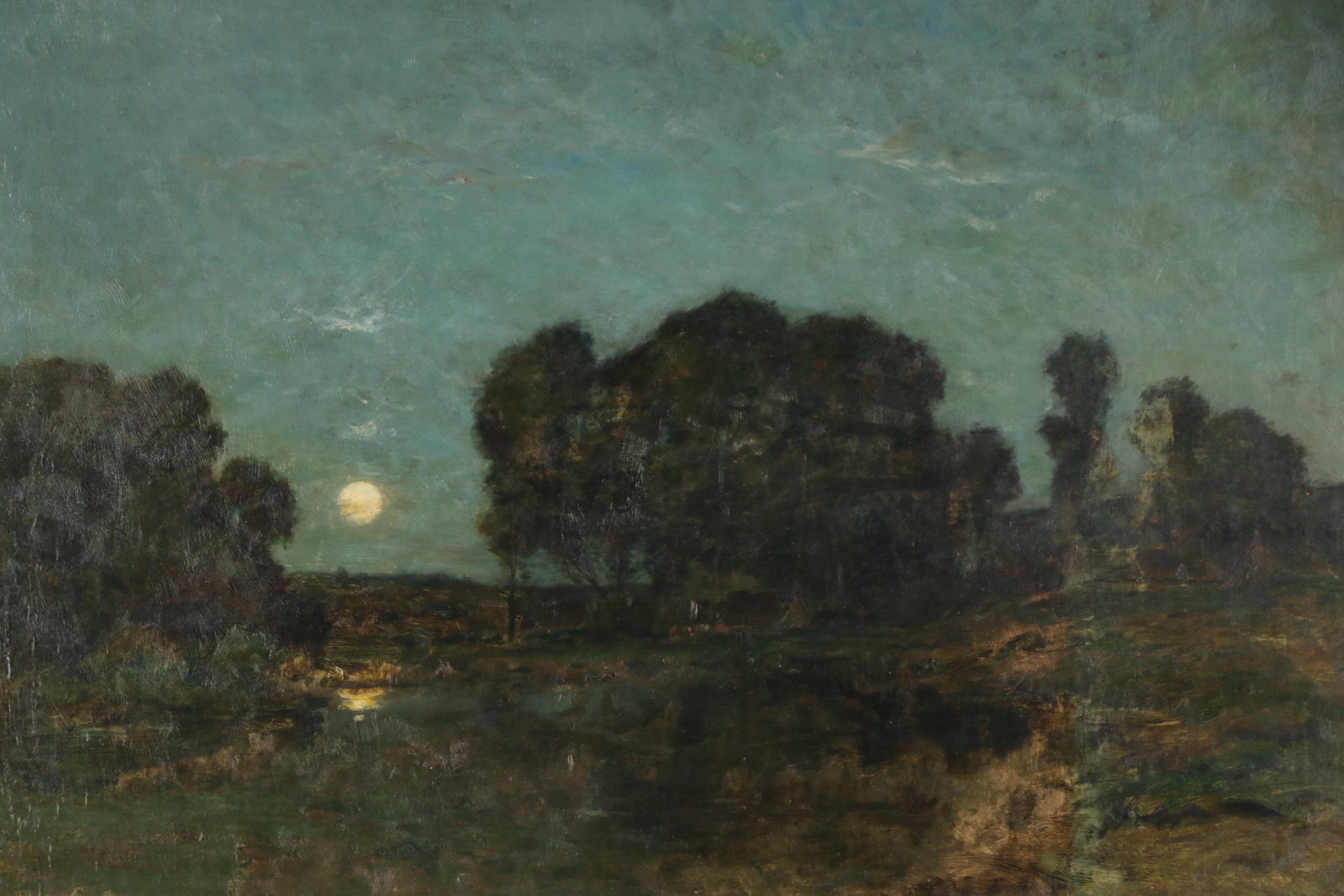 1870 Tonalist Oil Painting of Nocturnal Landscape