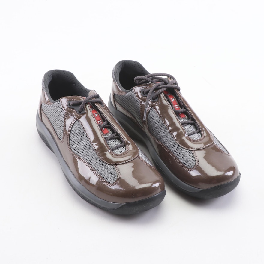 Women's Prada Calzature Donna Mesh and Patent Leather Fashion Sneakers