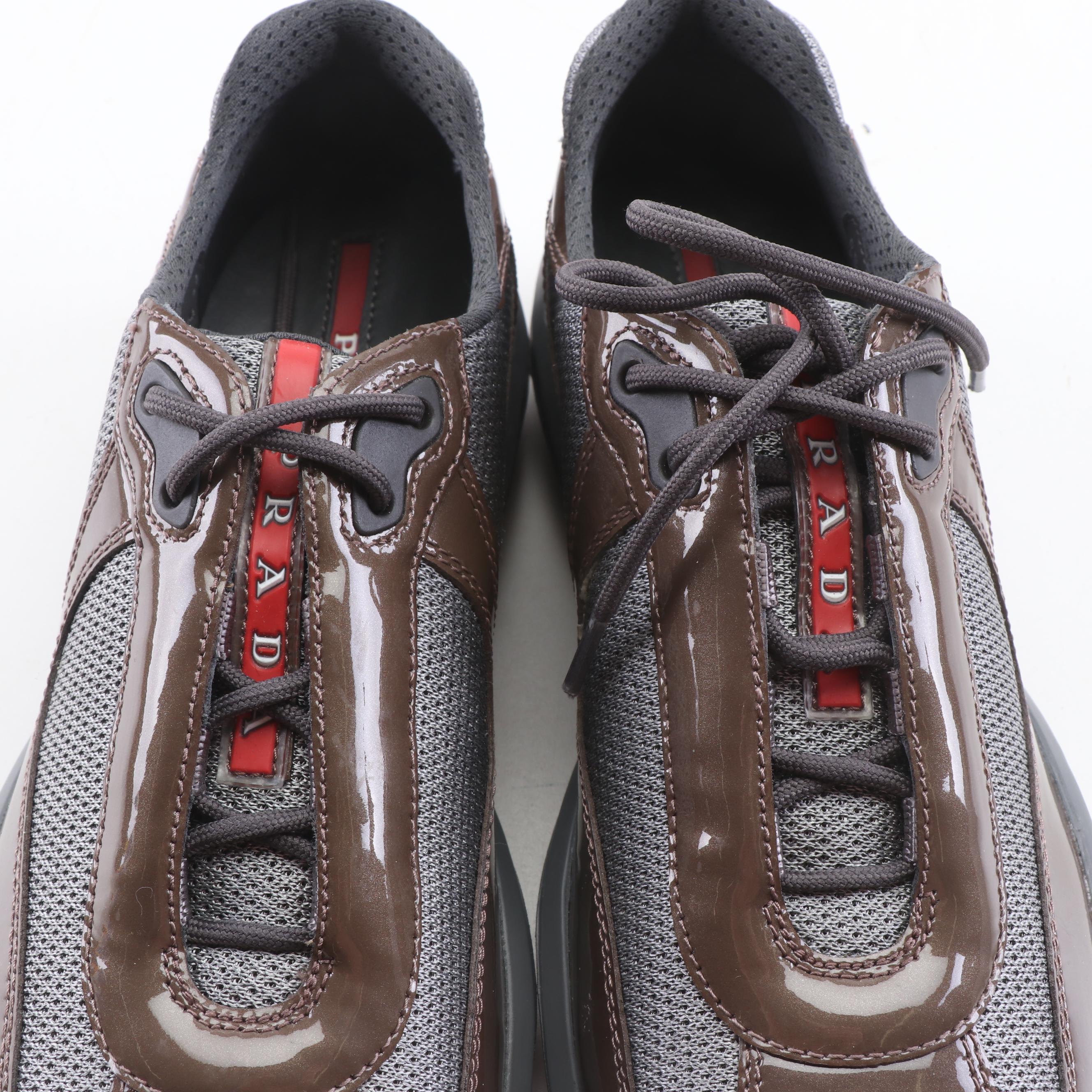 Women's Prada Calzature Donna Mesh and Patent Leather Fashion Sneakers