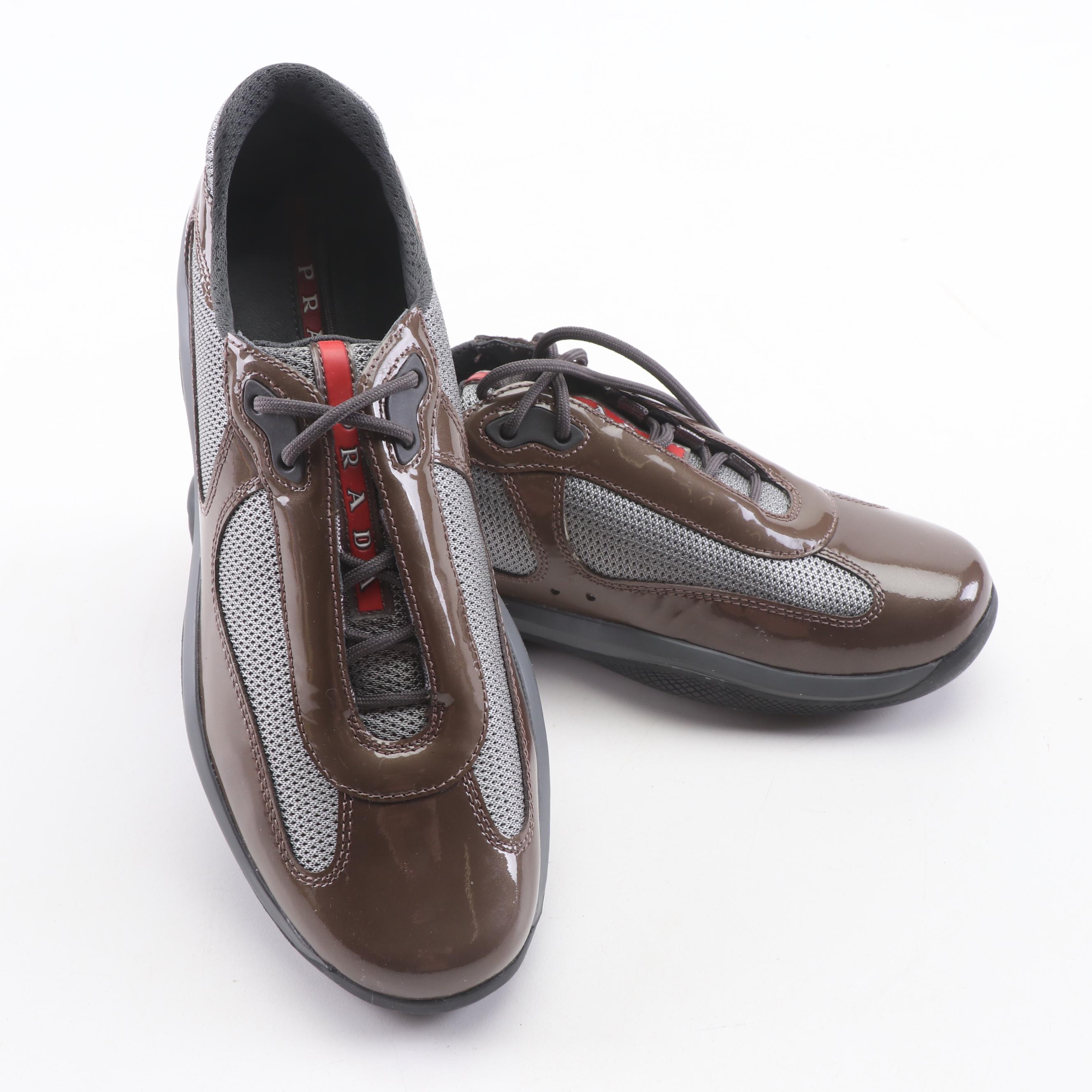 Women's Prada Calzature Donna Mesh and Patent Leather Fashion Sneakers