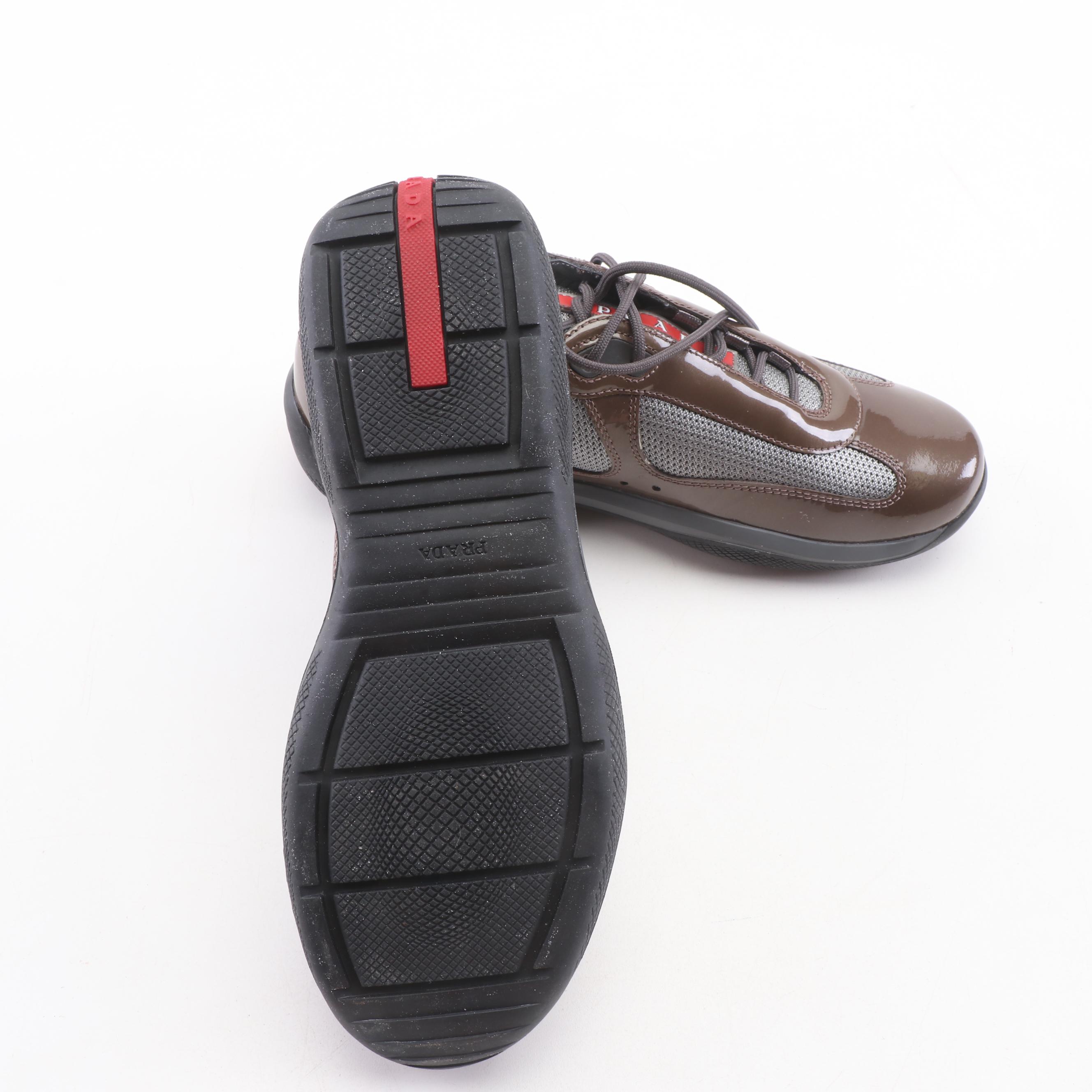 Women's Prada Calzature Donna Mesh and Patent Leather Fashion Sneakers