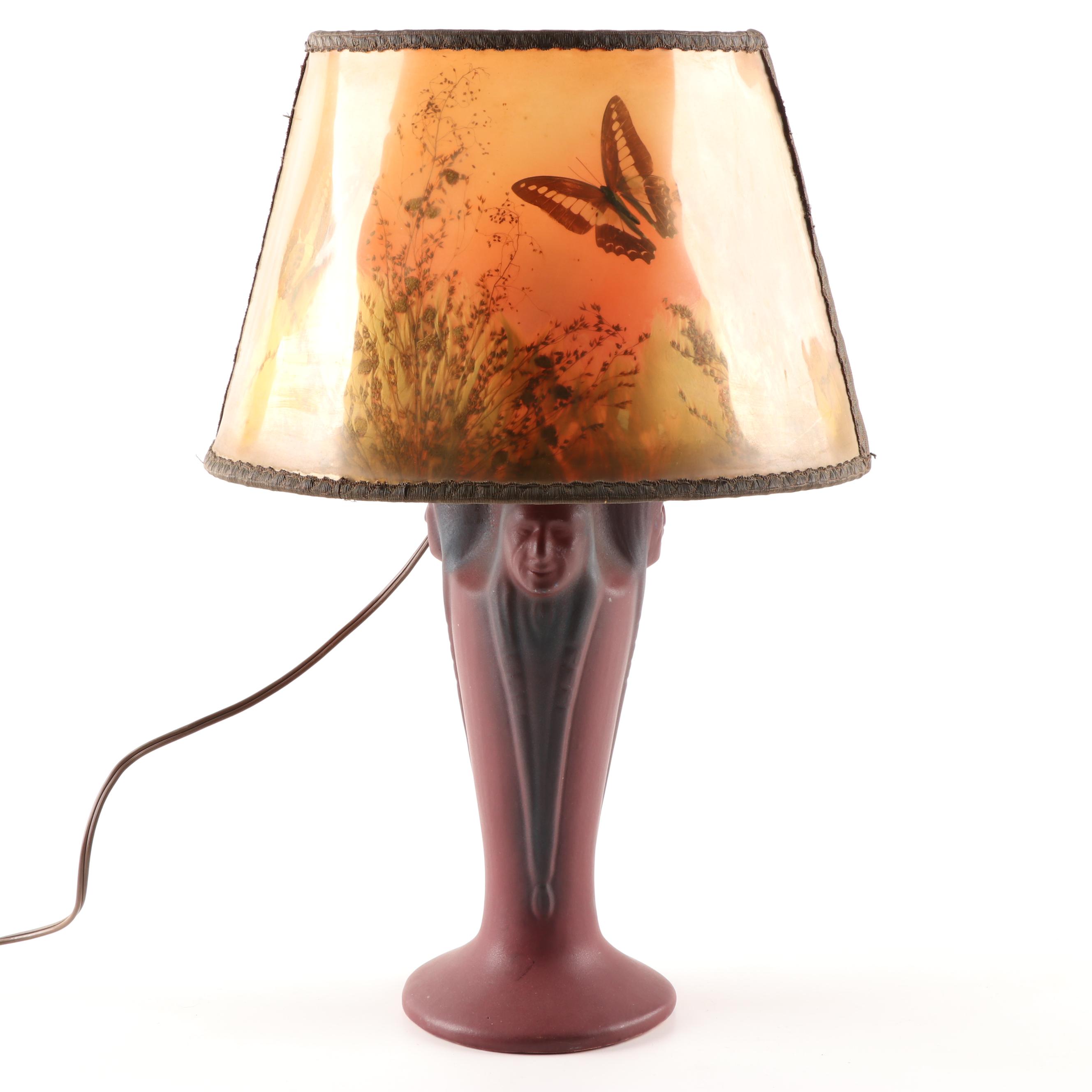 Van Briggle "Triple Indian Head" Earthenware Table Lamp with Original Shade
