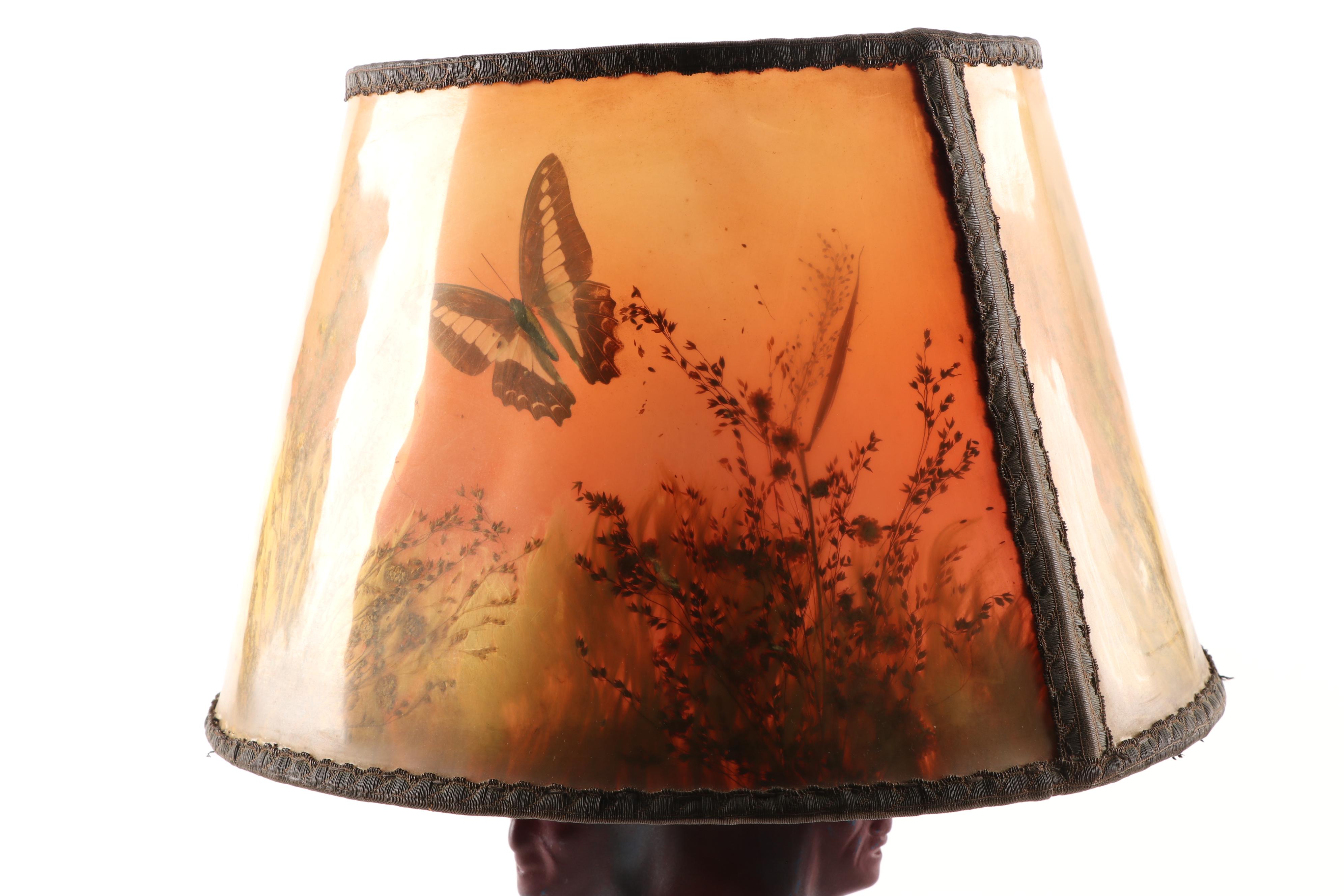 Van Briggle "Triple Indian Head" Earthenware Table Lamp with Original Shade
