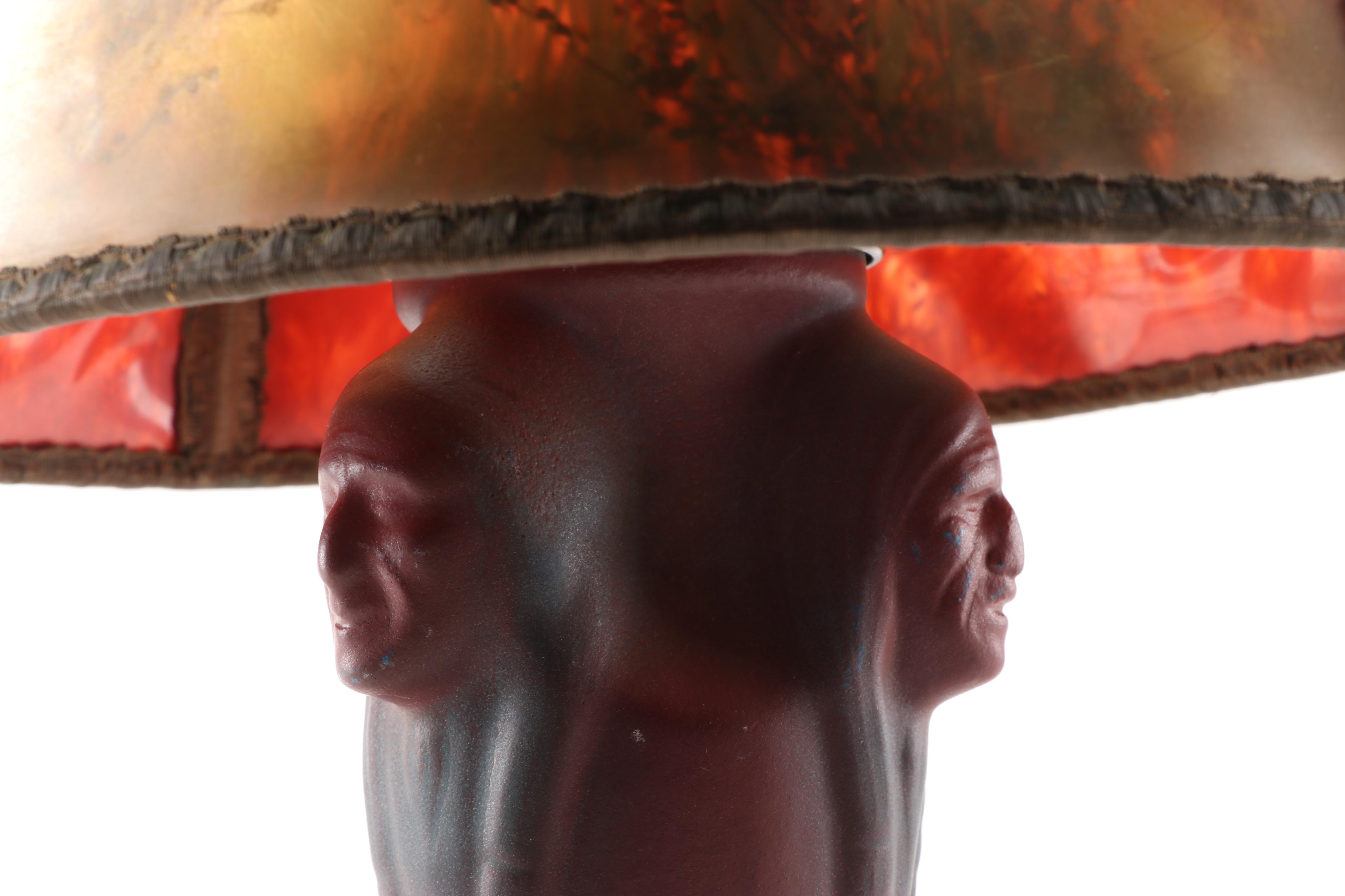Van Briggle "Triple Indian Head" Earthenware Table Lamp with Original Shade