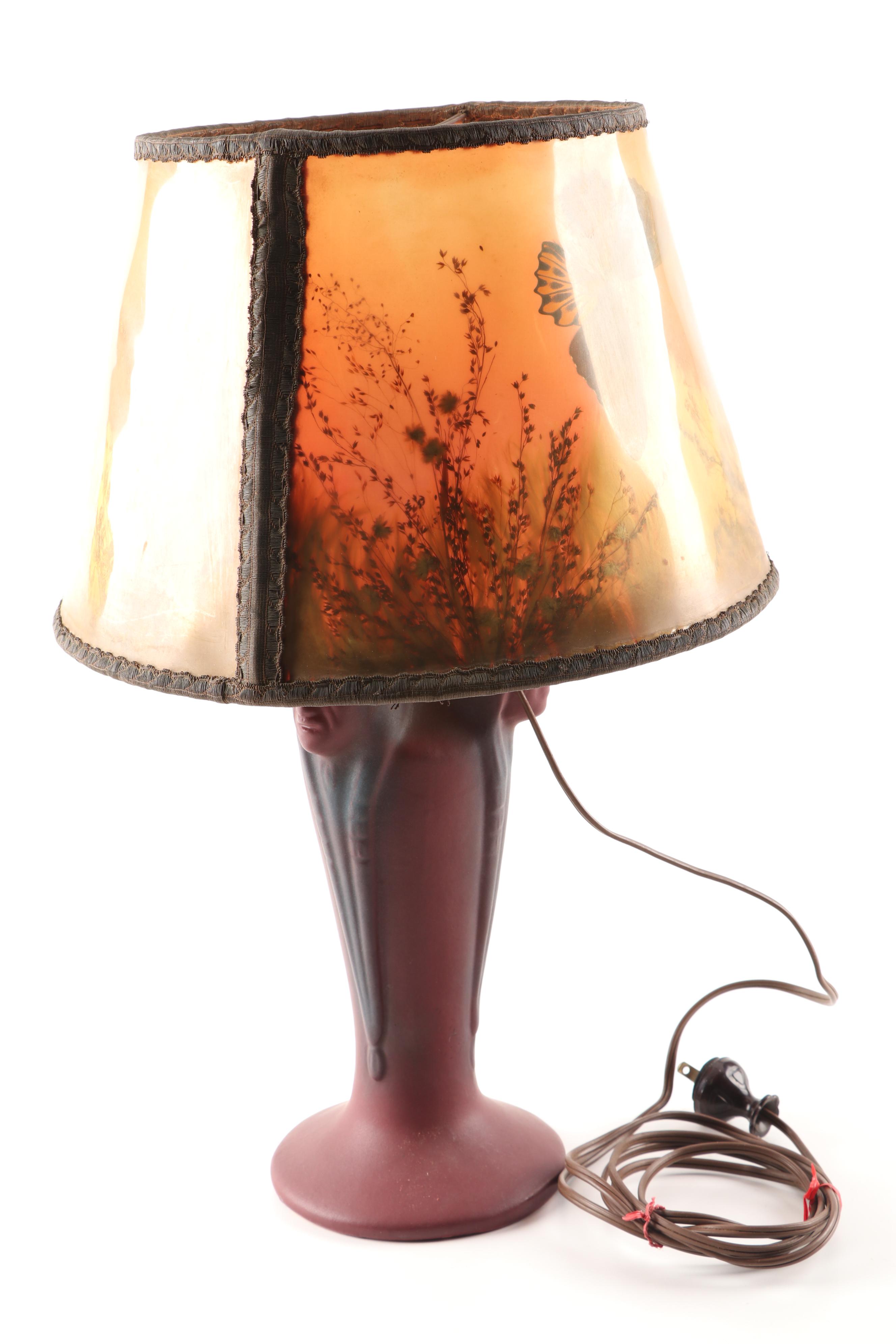 Van Briggle "Triple Indian Head" Earthenware Table Lamp with Original Shade