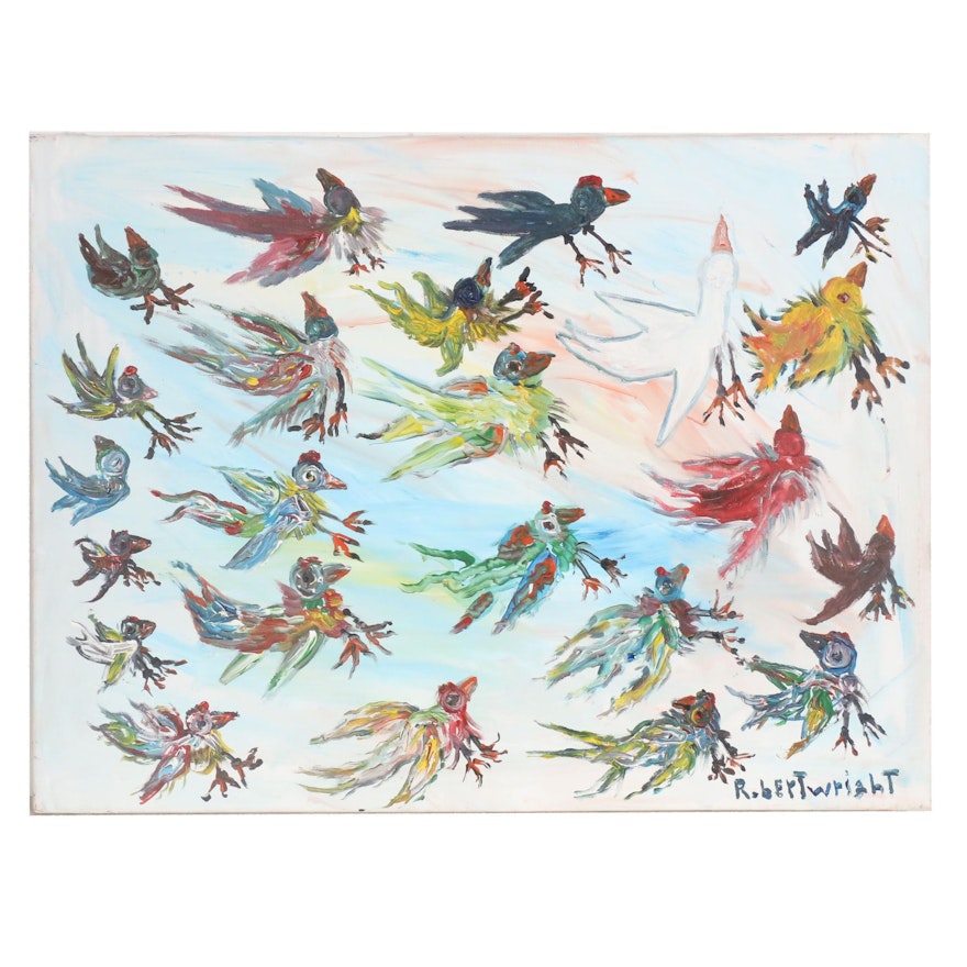 Robert Wright Folk Acrylic Painting of Stylized Birds