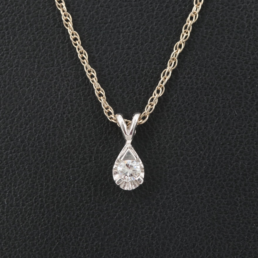 14K White Gold Solitaire Diamond Pendant Necklace