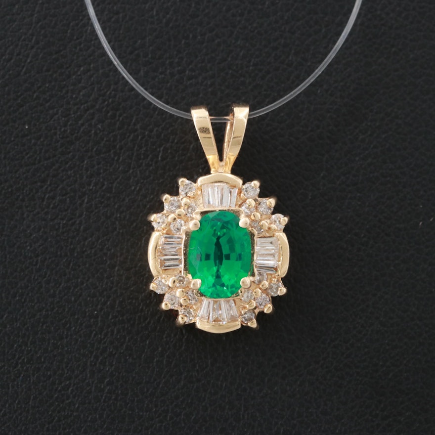 14K Yellow Gold Synthetic Emerald and Diamond Pendant