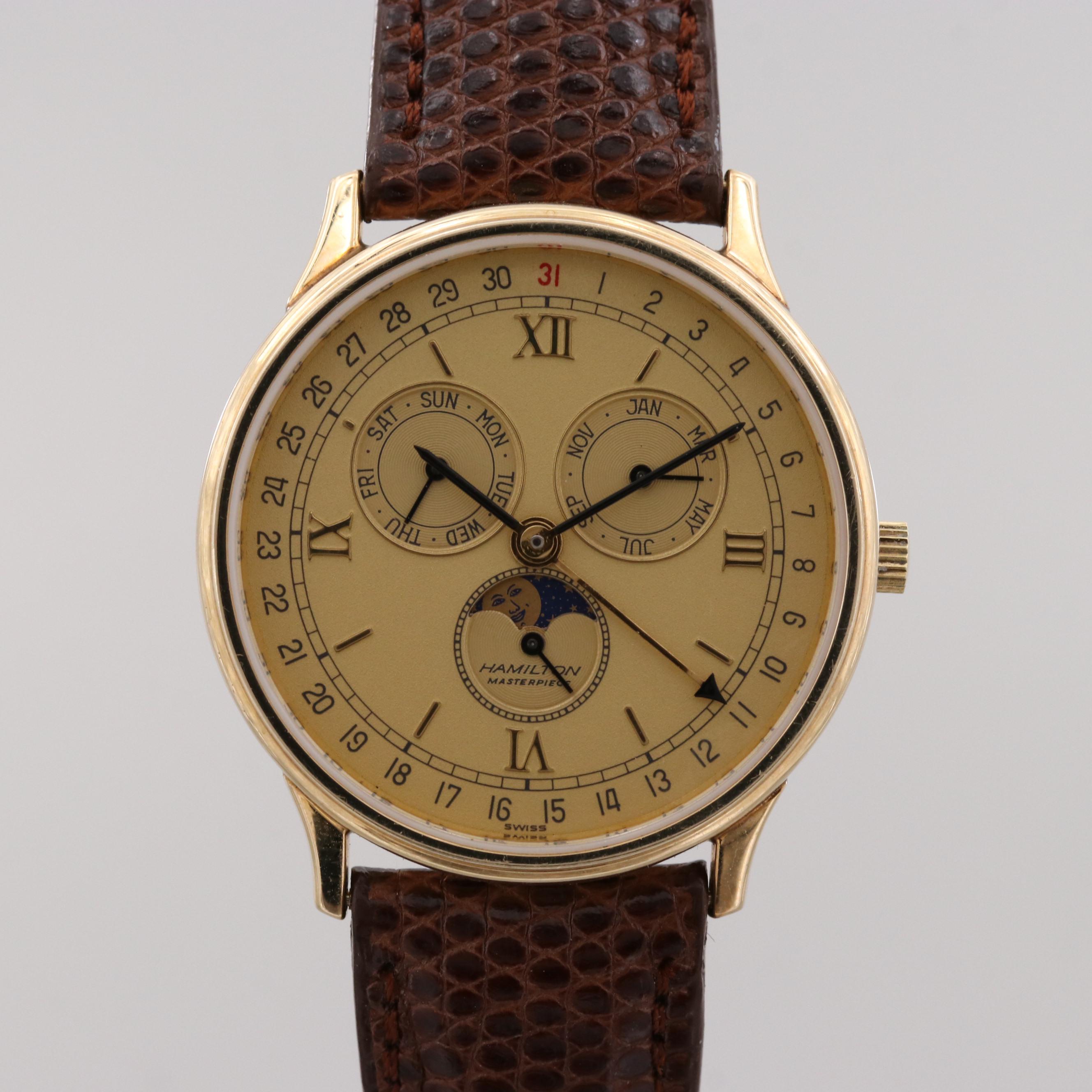 Vintage Hamilton Masterpiece 14K Gold Moon Phase Quartz Watch With Calendar