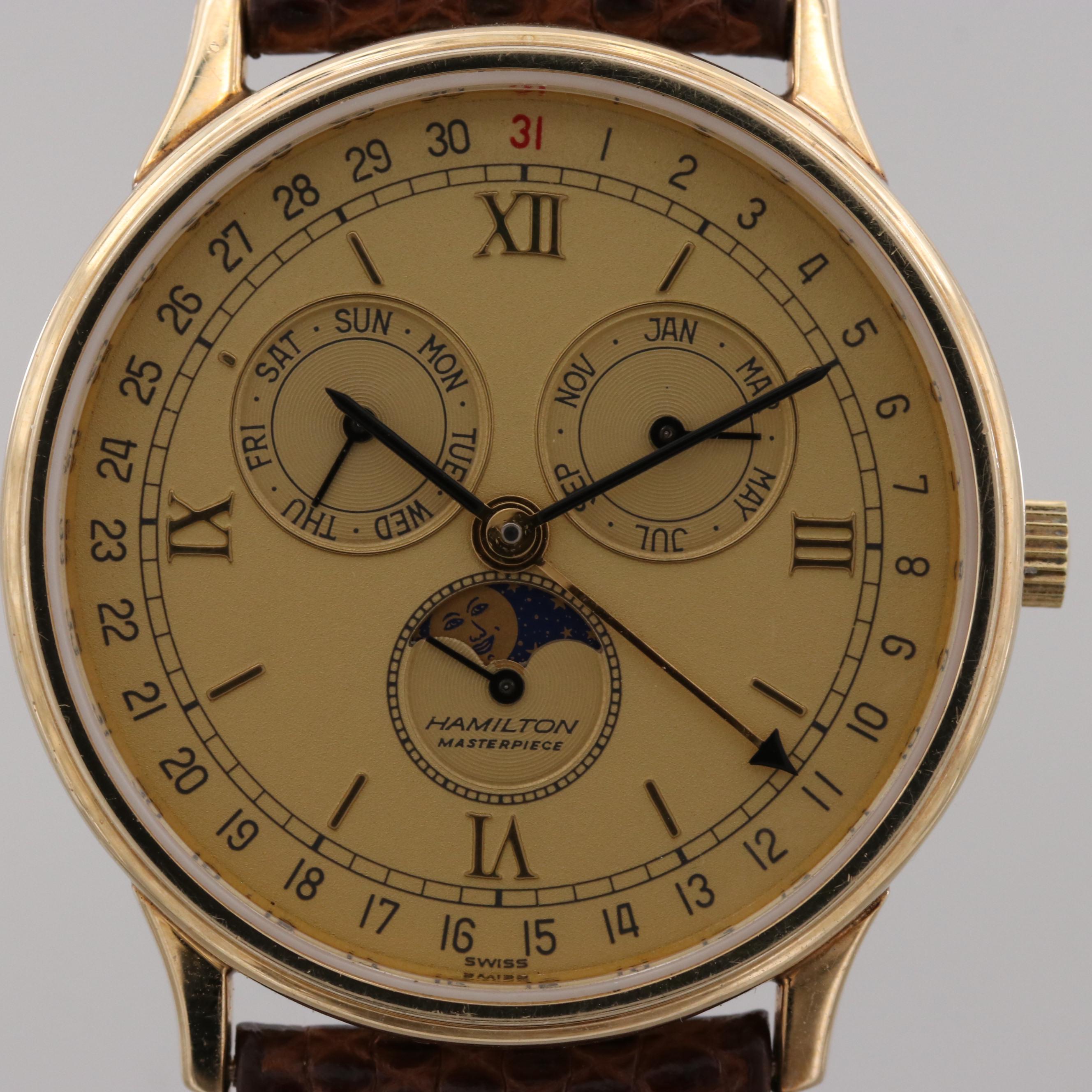 Vintage Hamilton Masterpiece 14K Gold Moon Phase Quartz Watch With Calendar