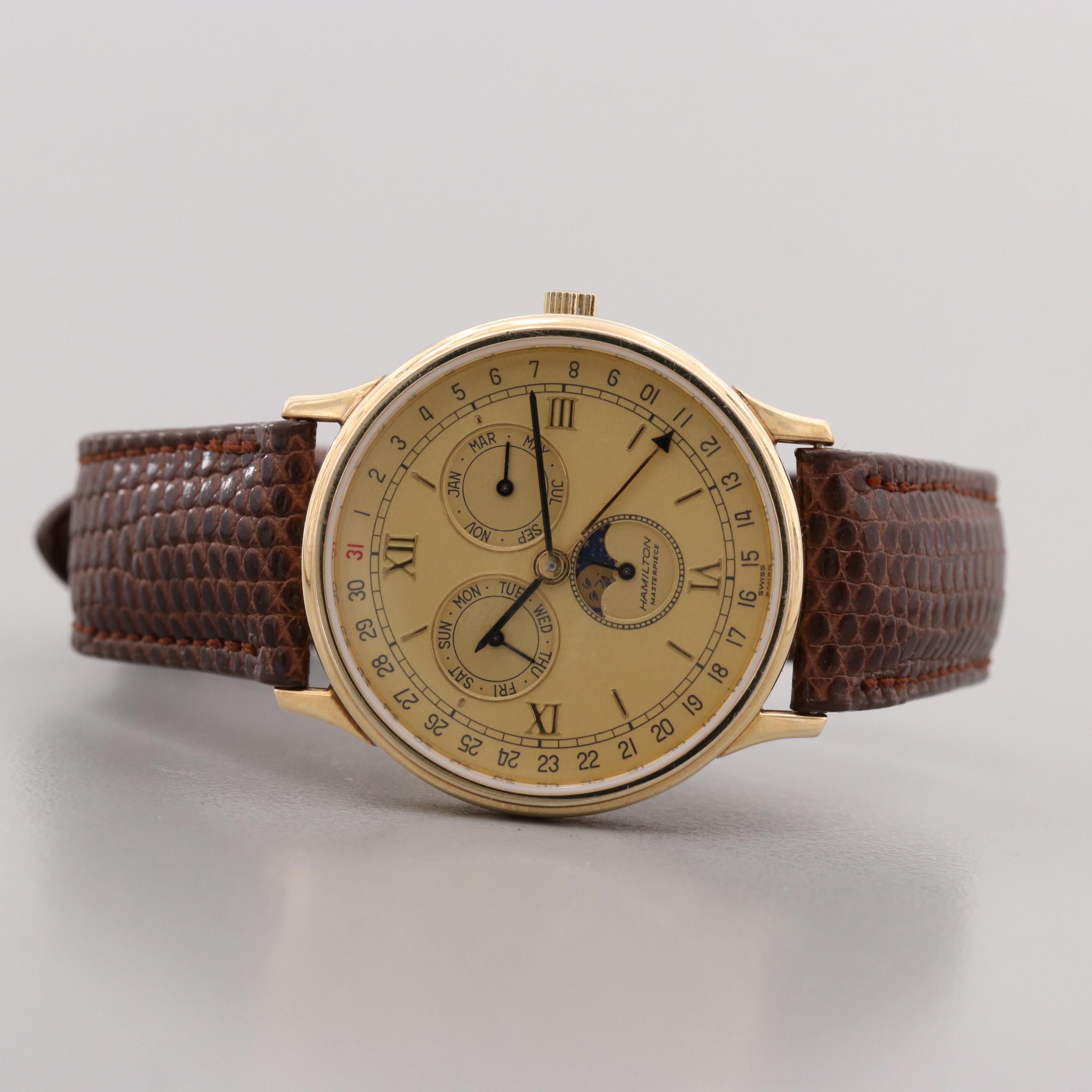 Vintage Hamilton Masterpiece 14K Gold Moon Phase Quartz Watch With Calendar
