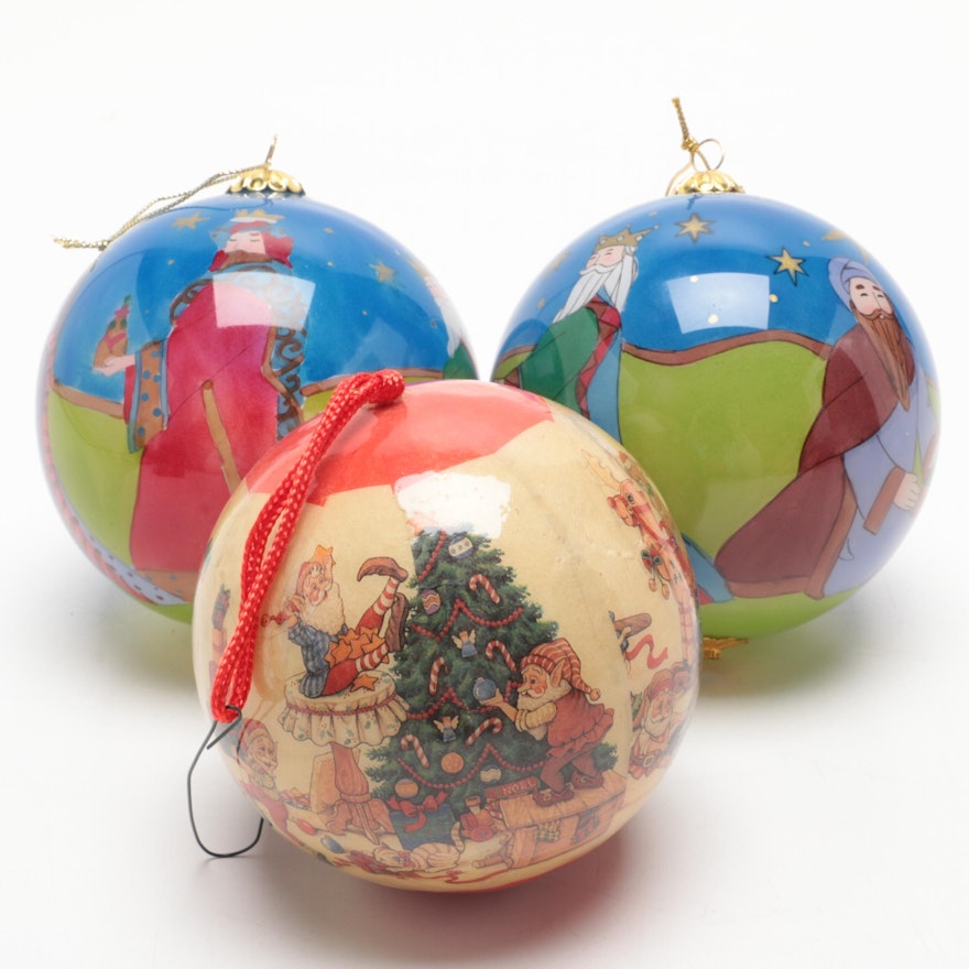 Three "Li Bien" Reverse-Painted Ornaments