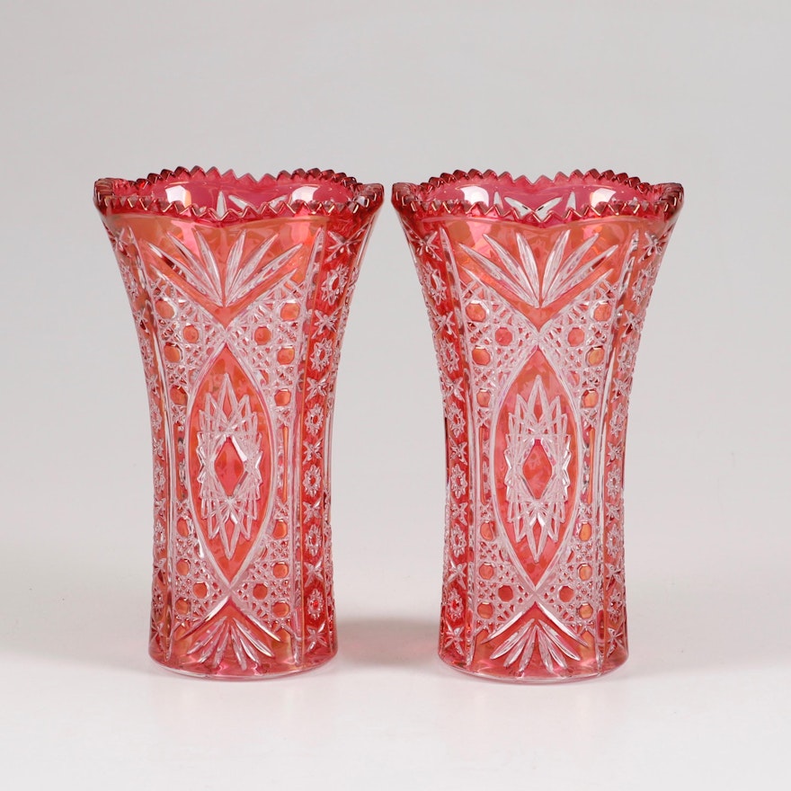 Cranberry Flashed Cut to Clear Bohemian Leaded Crystal Vases