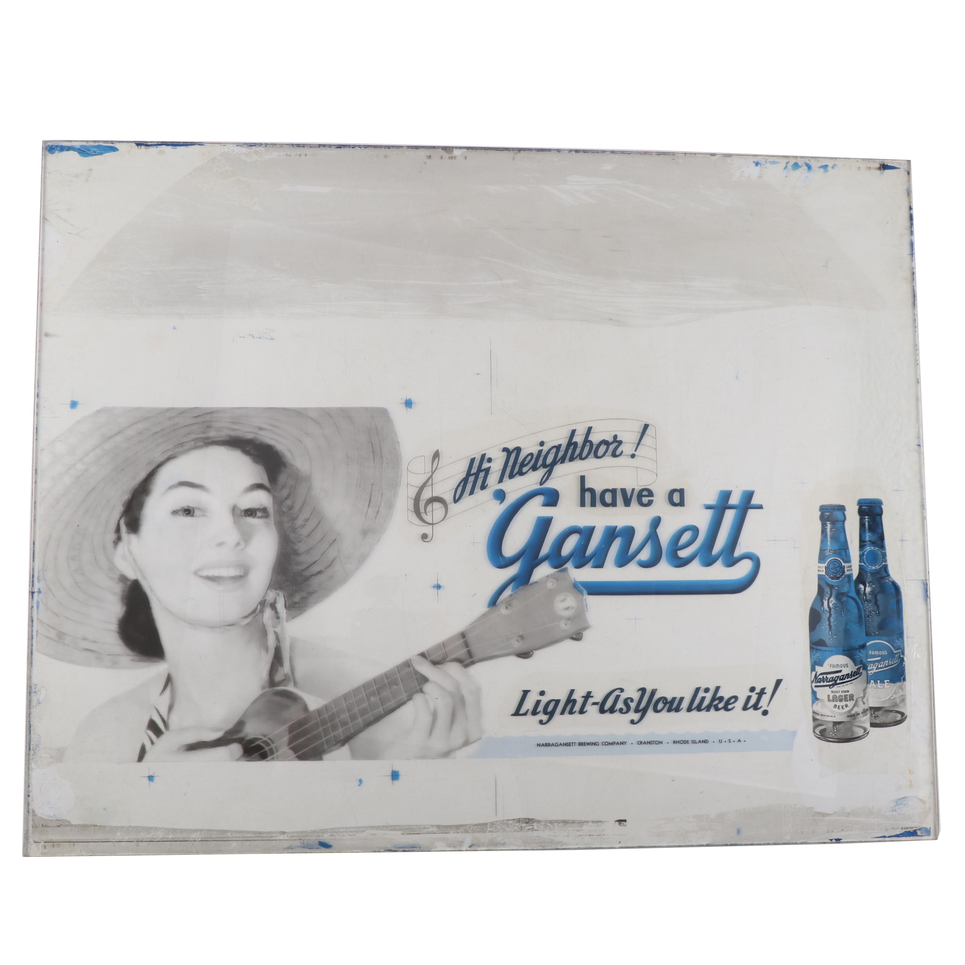 Narragansett Beer Advertising Glass Pane for Photo Reproduction, 1940s-1950s