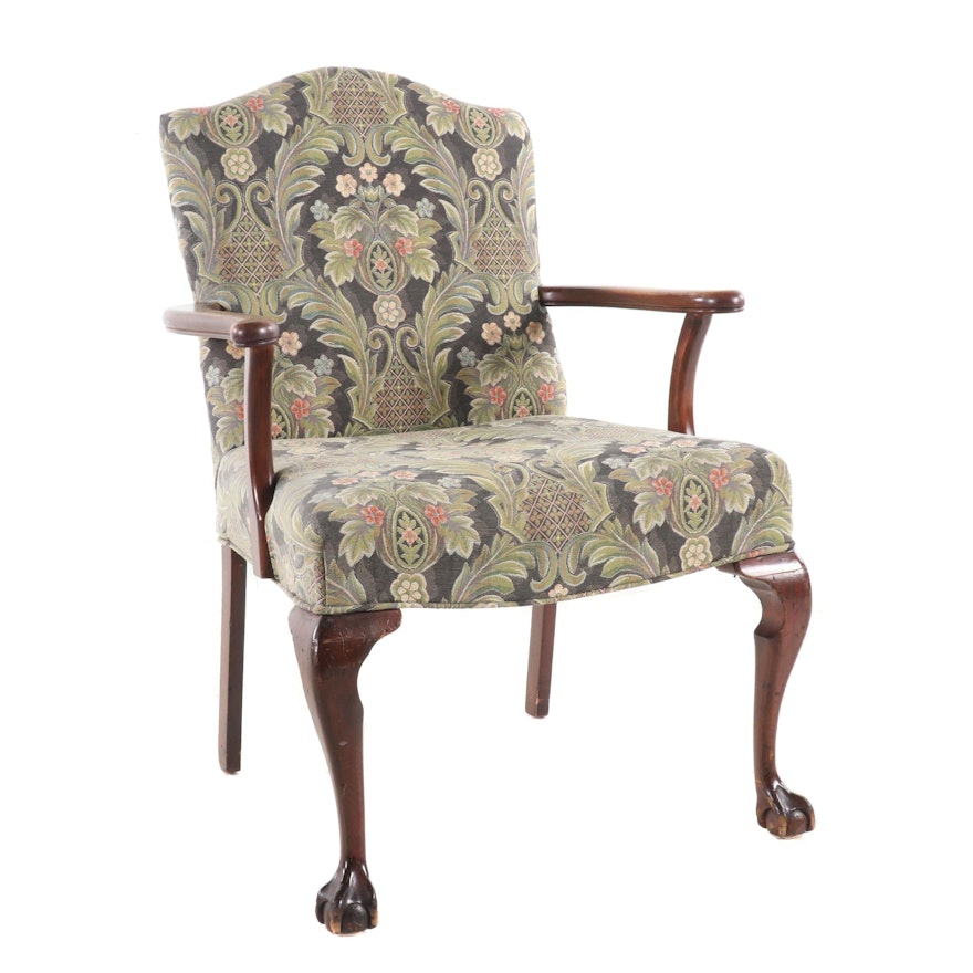 Chippendale Style Upholstered Mahogany Finish Armchair, Mid-Century