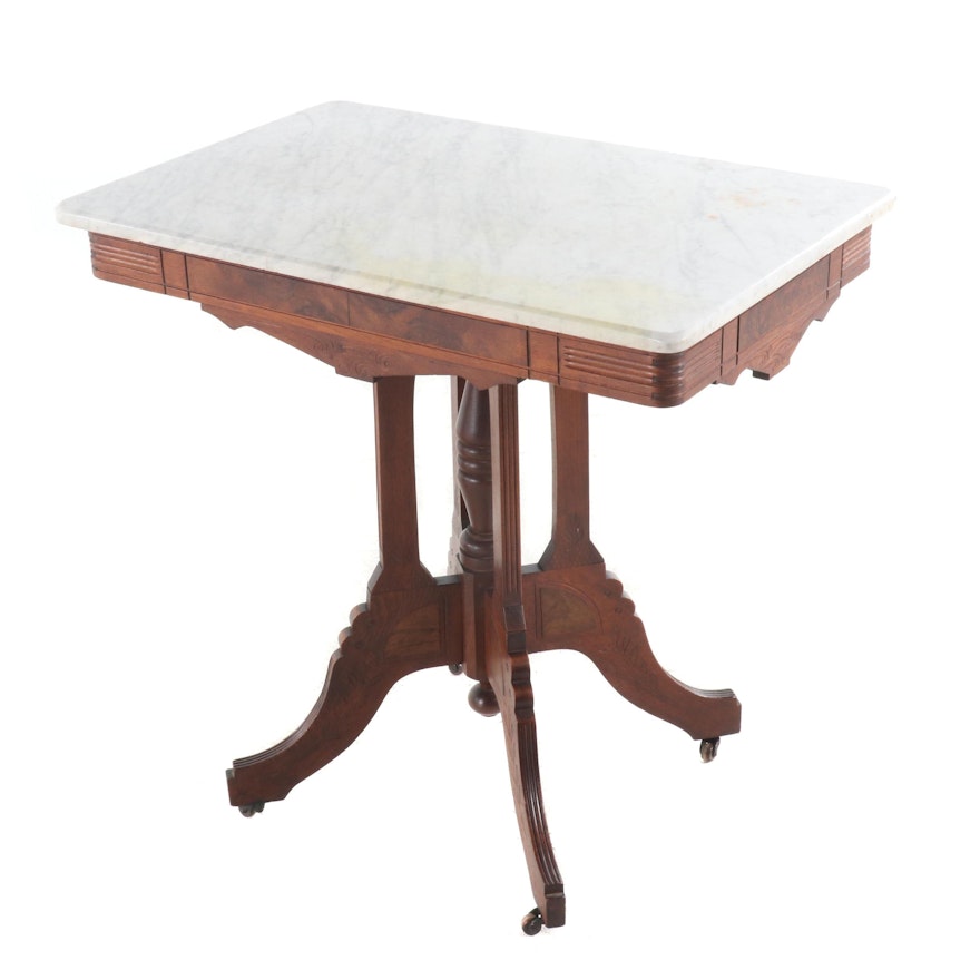Eastlake Style Marble Top Walnut Table, Late 19th Century