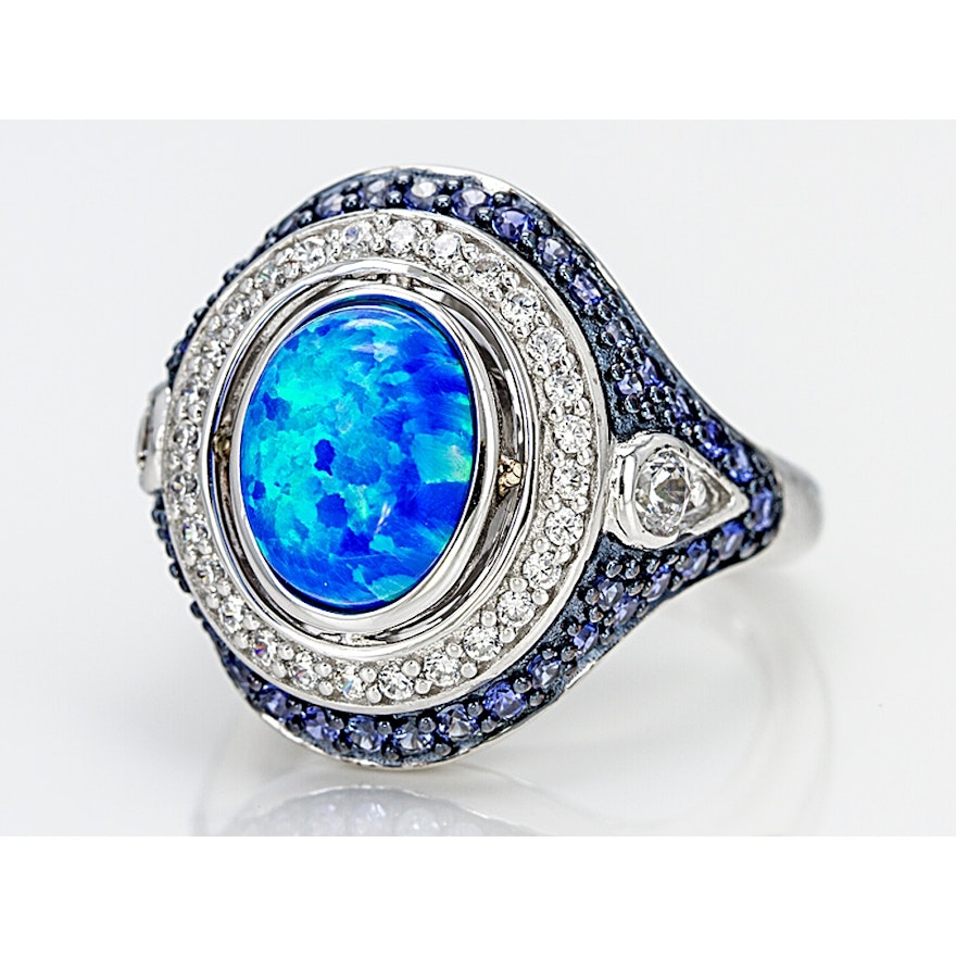 Sterling Silver Opal, Lab Created Sapphire and Diamond Simulant
