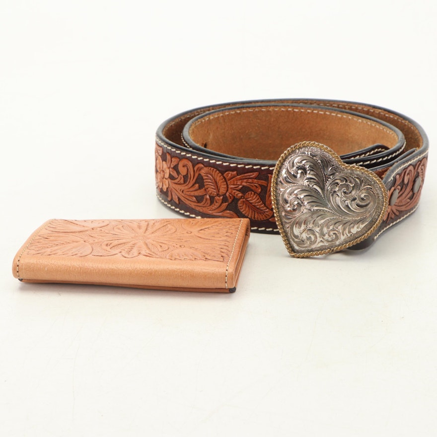 Circle Y Tooled Leather Wallet and Belt with Silver Plate Heart Shape Buckle